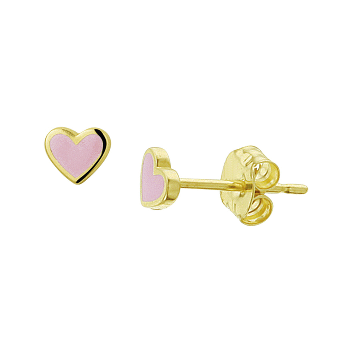 Schattige geelgouden hartjes oorknoppen met een afmeting van 3.5x4mm uitgevoerd met roze emaillle en een stevige poussette sluiting.