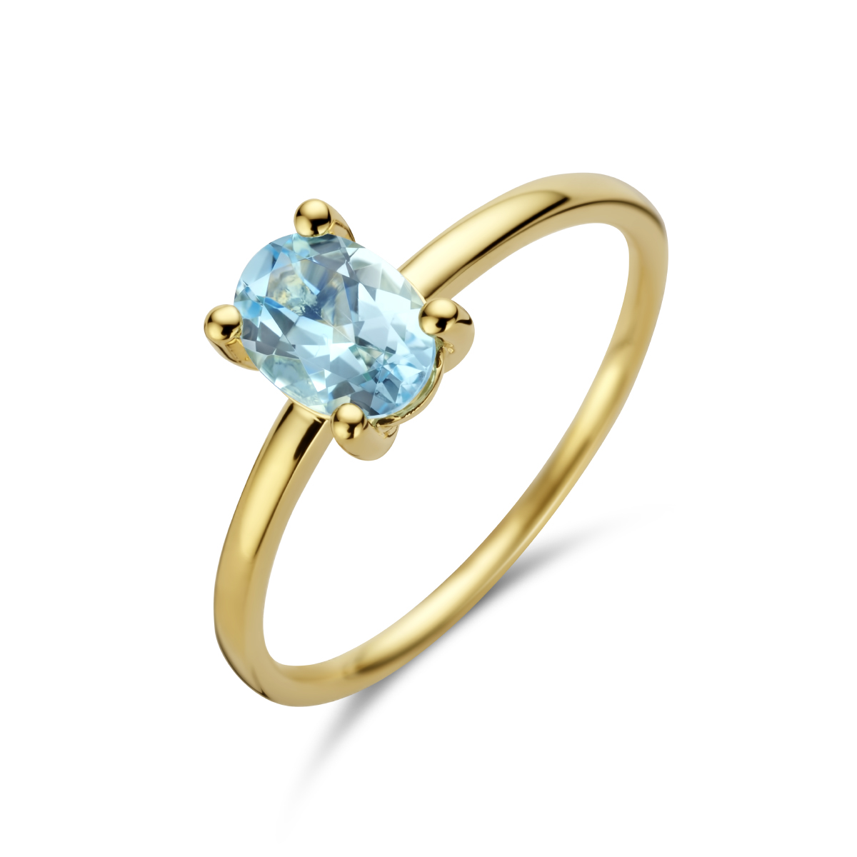 14k Geelgouden ring uitgevoerd met schitterend blauw topaas. De topaas heeft een steengewicht van 1.10ct.