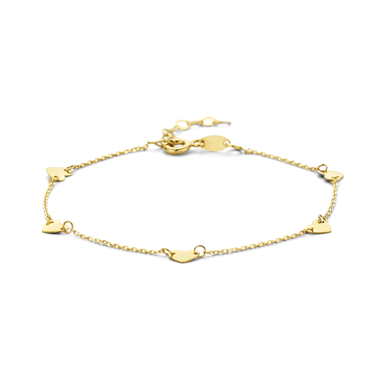 14k Geelgouden armband uitgevoerd met hartjes. De armband heeft een schakelbreedte van 0.8mm en draaglengtes van 16.5 en 18.5cm. Uitgevoerd met karabijnsluiting.