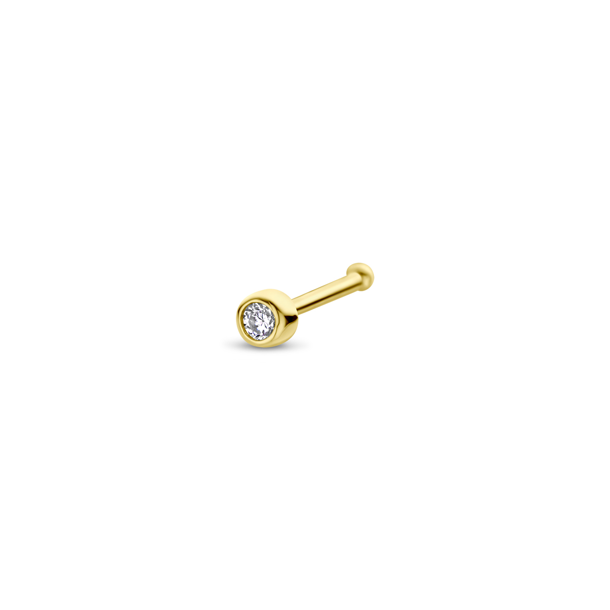 14k Geelgouden neusknopje met zirkonia. Het neusknopje heeft een diameter van 2mm.