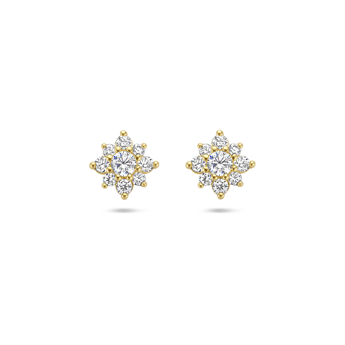 14k Geelgouden oorknoppen in de vorm van een bloem met zirkonia. De oorknoppen hebben een afmeting van 5.5x5.5mm.