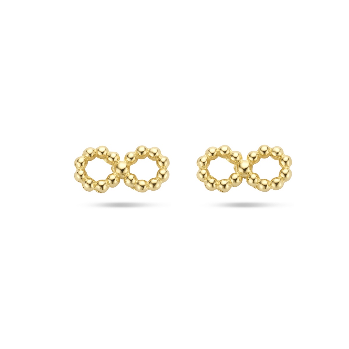 14k Geelgouden infinity oorknoppen met een afmeting van 4x7.5mm.