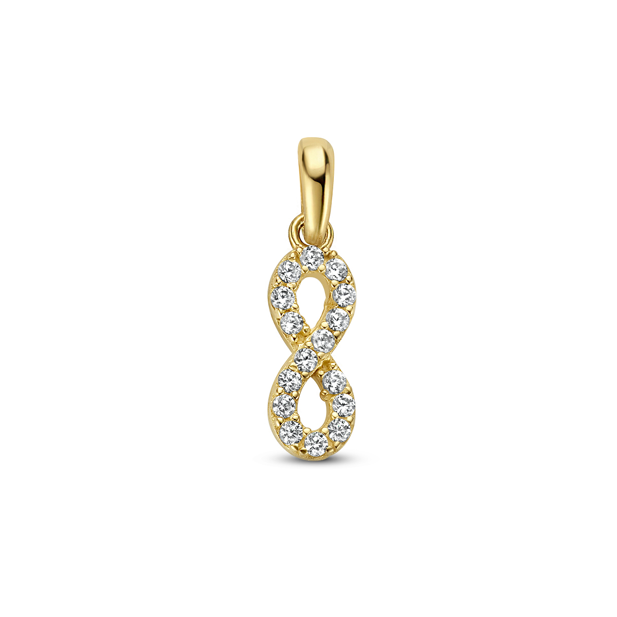 14k Geelgouden infinity hanger met zirkonia en een afmeting van 13.5x4.5mm.