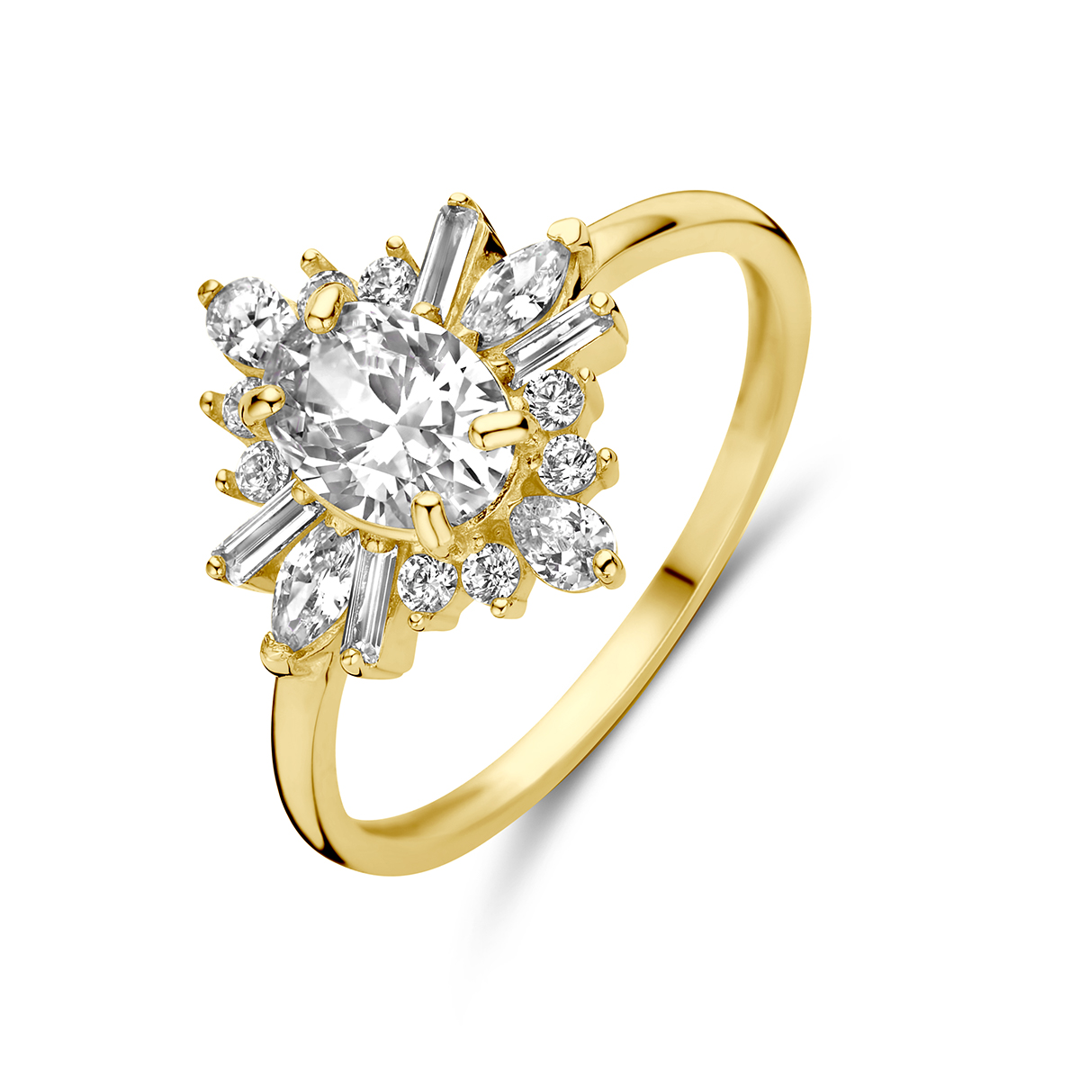 gouden ring, ovaal+baguette zirconias mt54