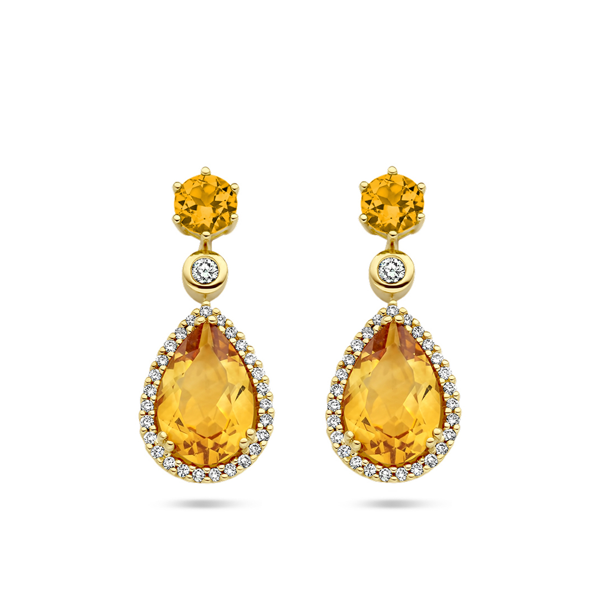 14k Geelgouden oorhangers uitgevoerd met citrien en diamanten. De oorhangers hebben een totale hoogte van 21mm.
