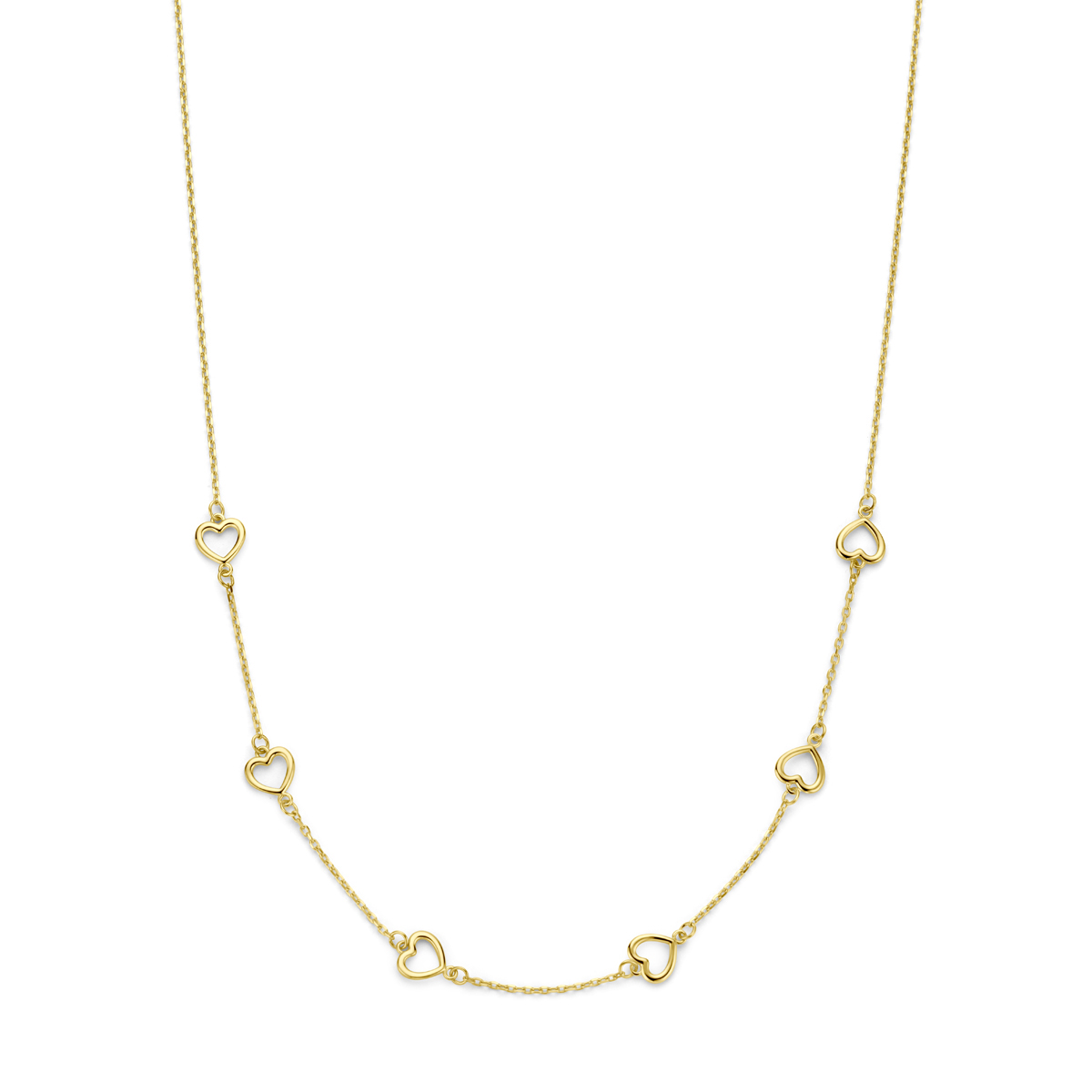 14k Geelgouden collier uitgevoerd met hartjes en een karabijn sluiting. Het collier heeft een draaglengte van 45cm en een schakelbreedte van 1mm.