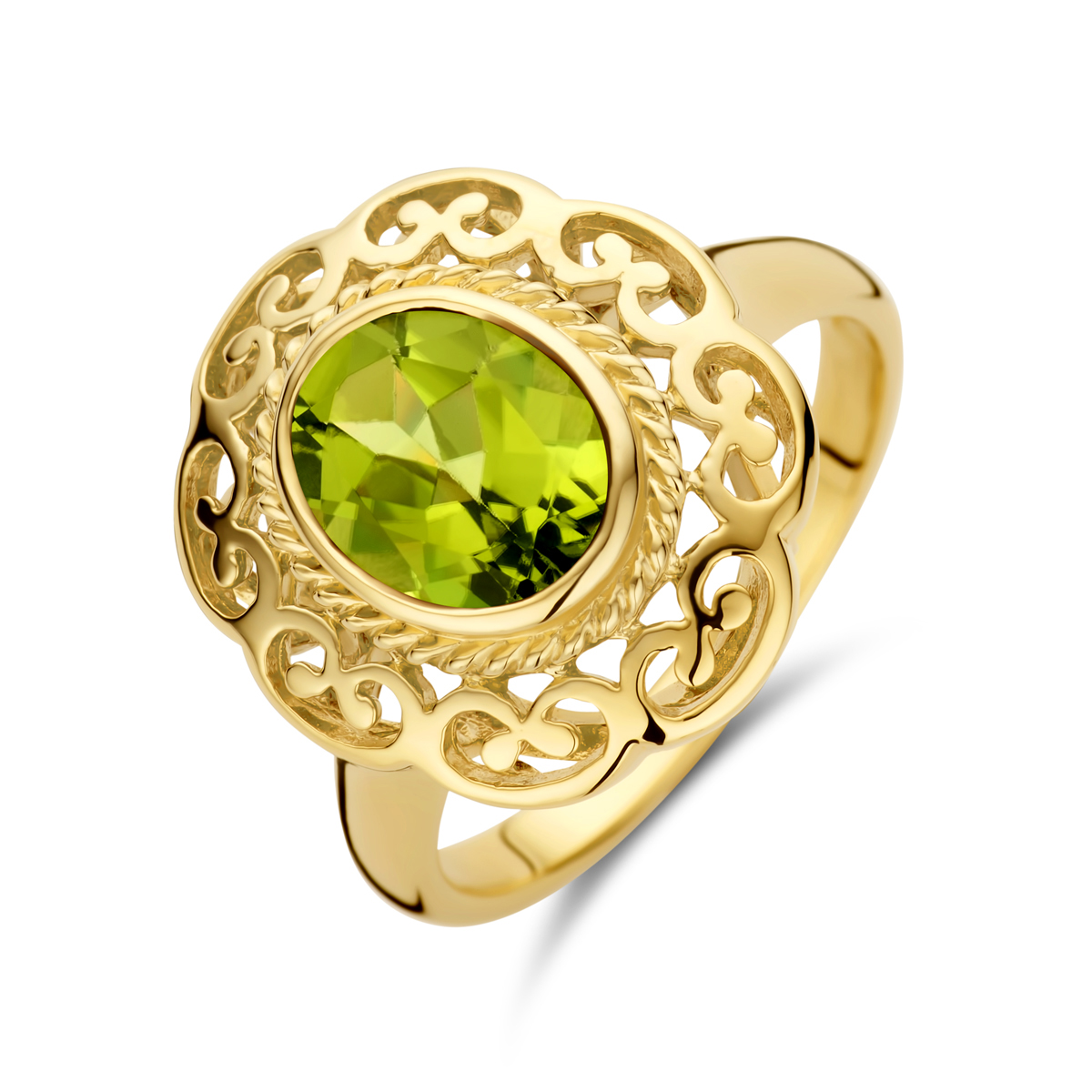 14k Geelgouden vintage ring uitgevoerd met peridot. De ring heeft een breedte van 17mm.