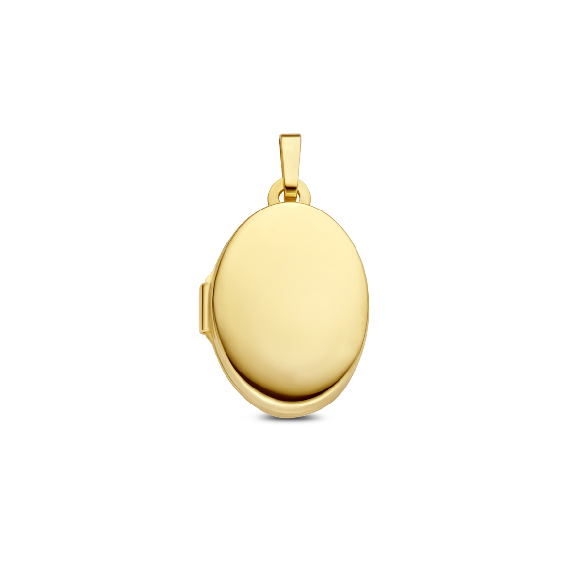 14k Geelgouden medaillon. In het medaillon passen twee foto's. Het medaillon heeft een totale hoogte van 21mm en een afmeting van 15x11mm.