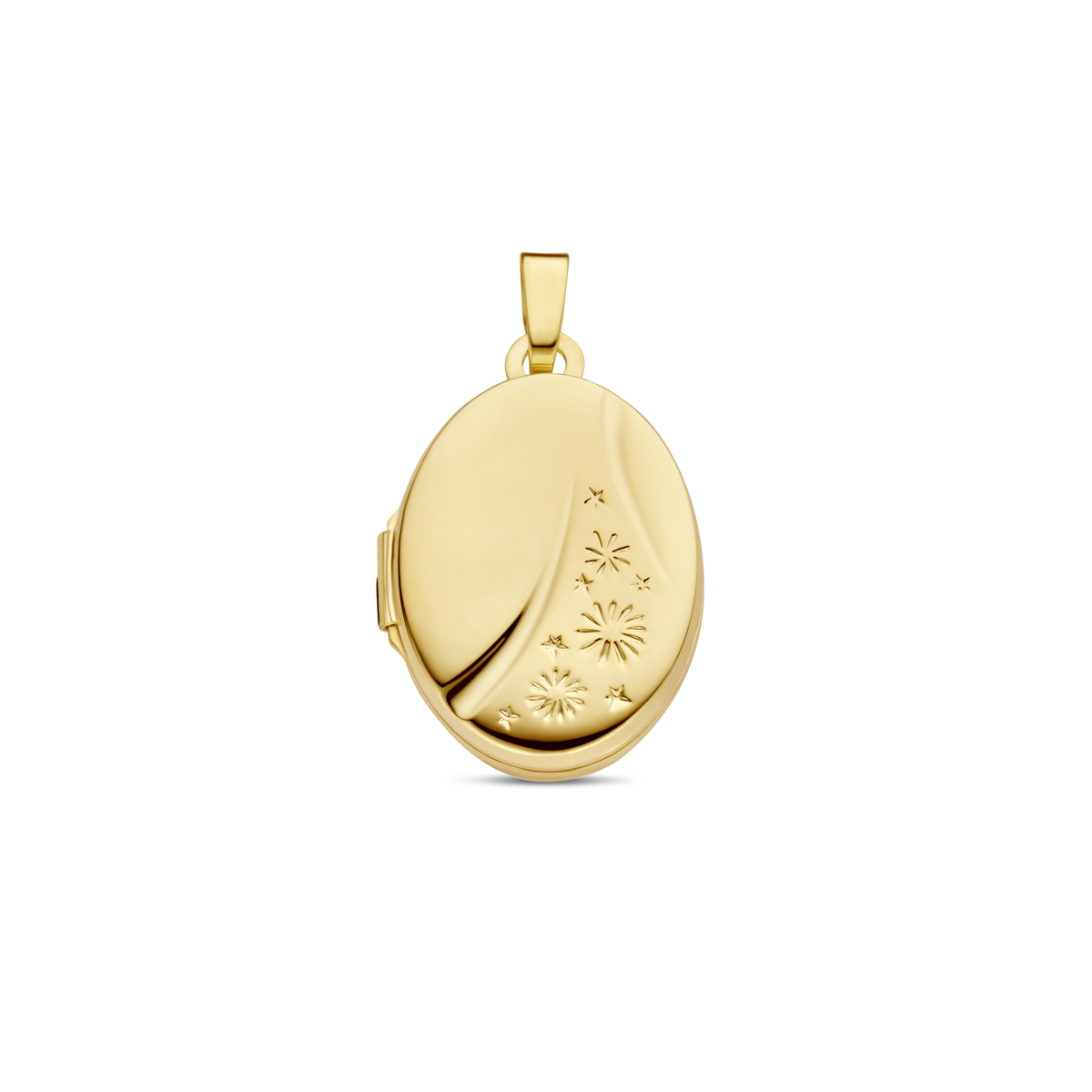 14k Geelgouden medaillon. In het medaillon passen twee foto's. Het medaillon heeft een totale hoogte van 26mm en een afmeting van 18x14mm.