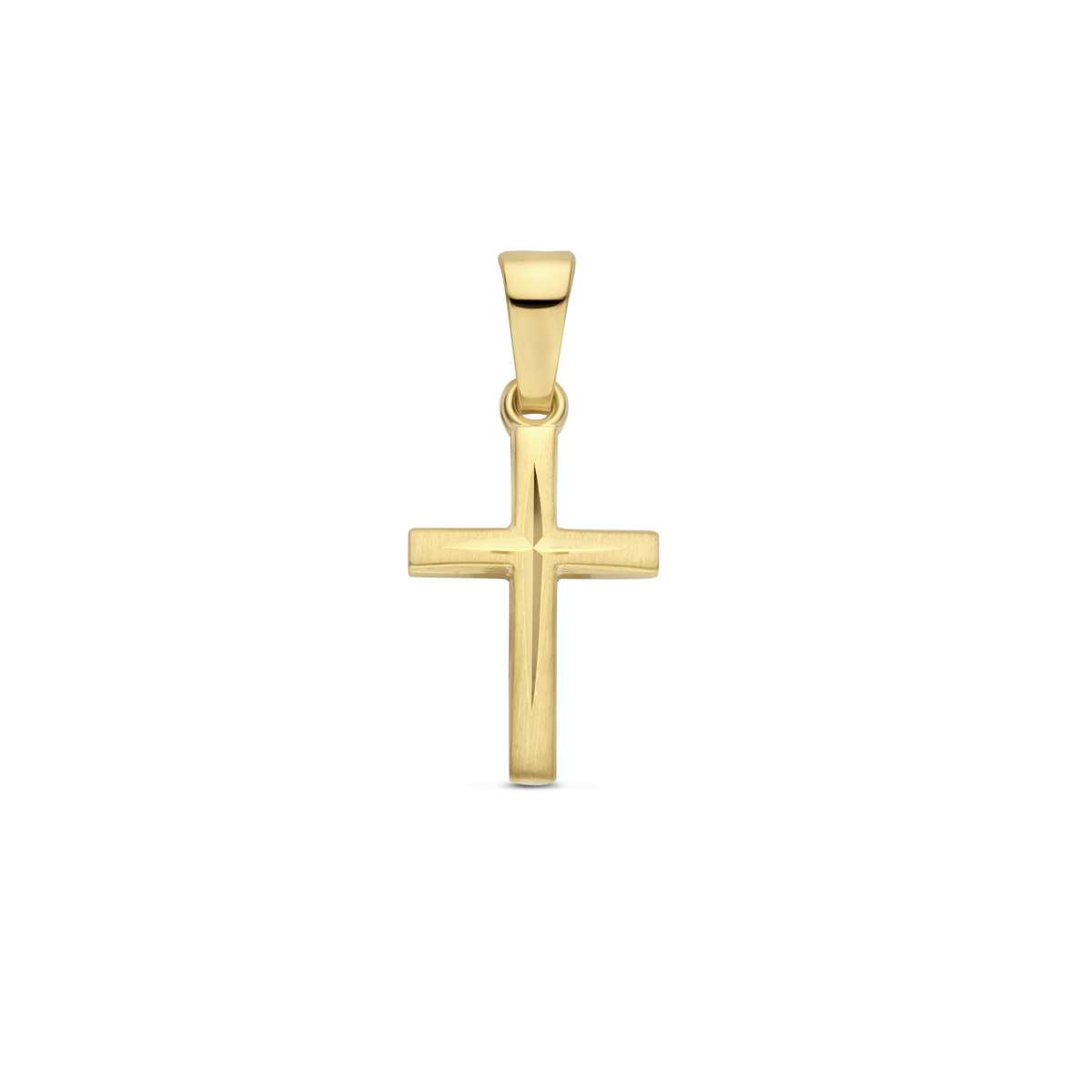 14k Geelgouden hanger in de vorm van een kruis uitgevoerd in mat gediamanteerd. De hanger heeft een totale hoogte van 20mm en een afmeting van 13x9mm.