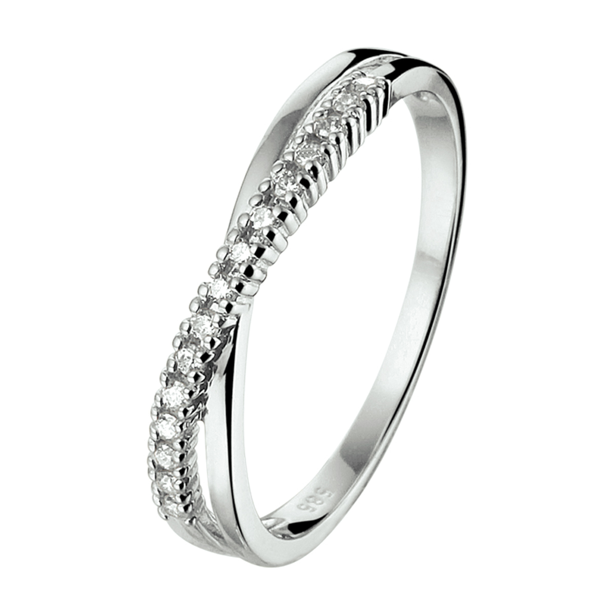 Witgouden ring met zirkonia.
Ringmaat: 18.50 mm (58)
Breedte: 3.5 mm
Zetting: entourage (rijzetting)