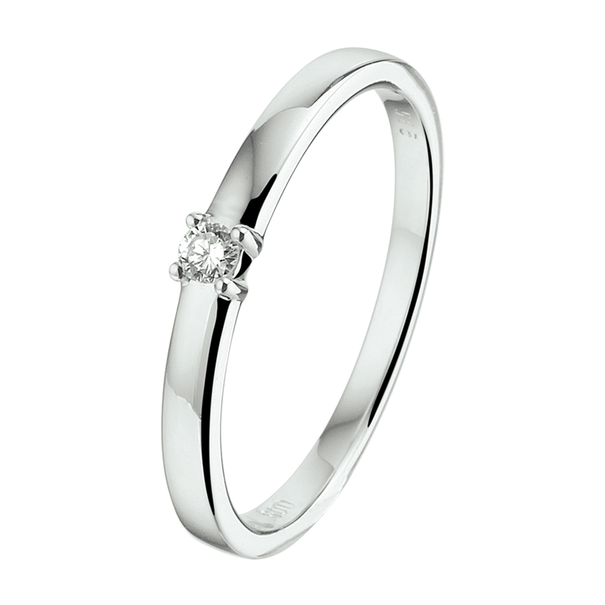 14k Witgouden ring uitgevoerd met een schitterende diamant. De ring heeft een breedte van 2.5mm.
