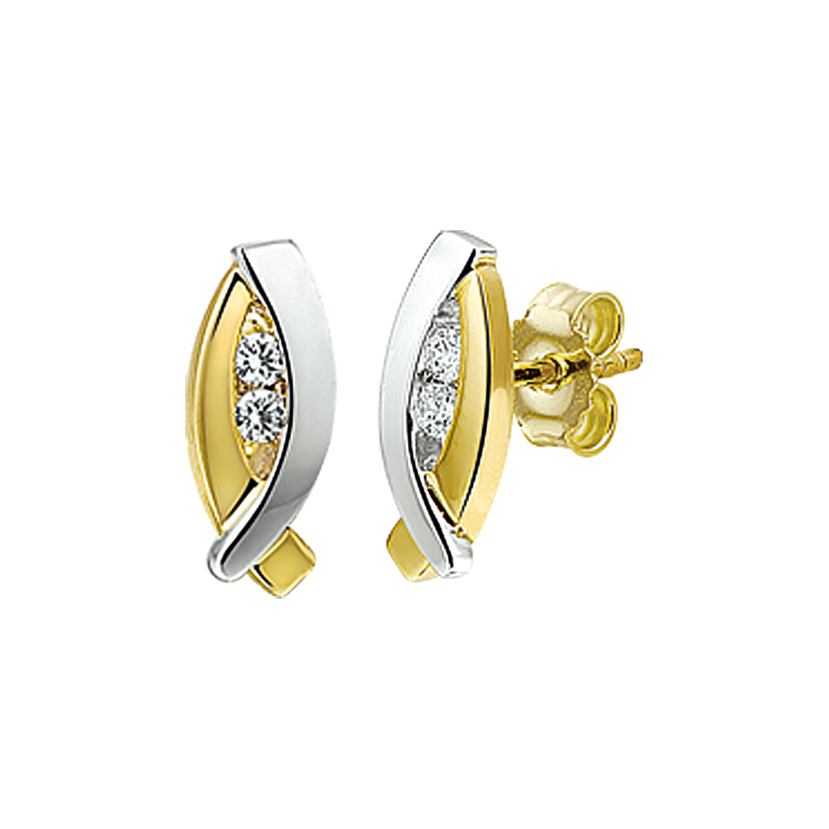 Beschrijving: Bicolor wit- en geelgouden oorknoppen met zirkonia.
Doelgroep: dames
Breedte: 4.5 mm
Hoogte: 11.5 mm
Zetting: entourage (rail zetting)