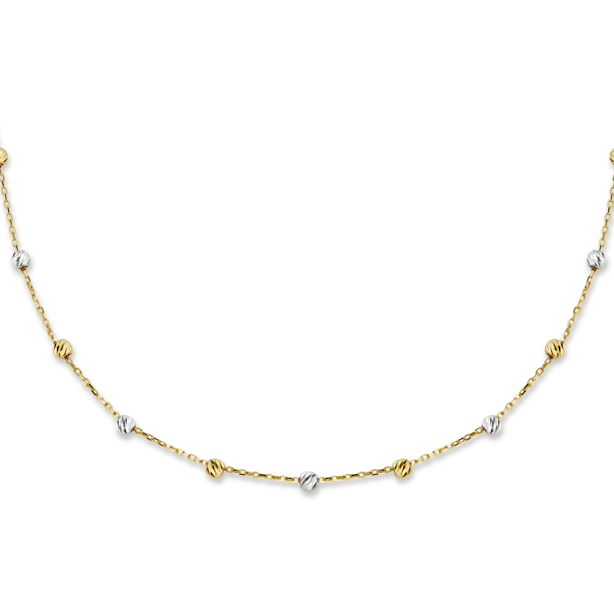 14k Bi-color wit- en geelgouden collier met een schakelbreedte van 1mm. Uitgevoerd met gediamanteerde bolletjes van 3mm. Het collier heeft draaglengtes van 40, 42 en 44cm.