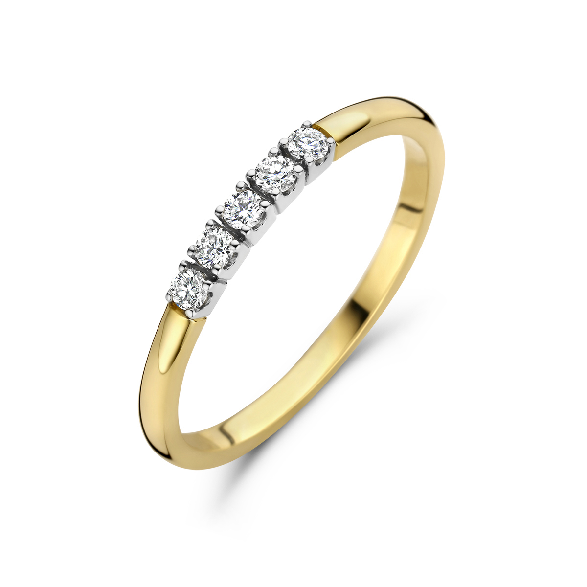 14 Karaat gouden bicolor rij - memoire damesring met 5 diamantjes in briljant geslepen -  0.15ct h si