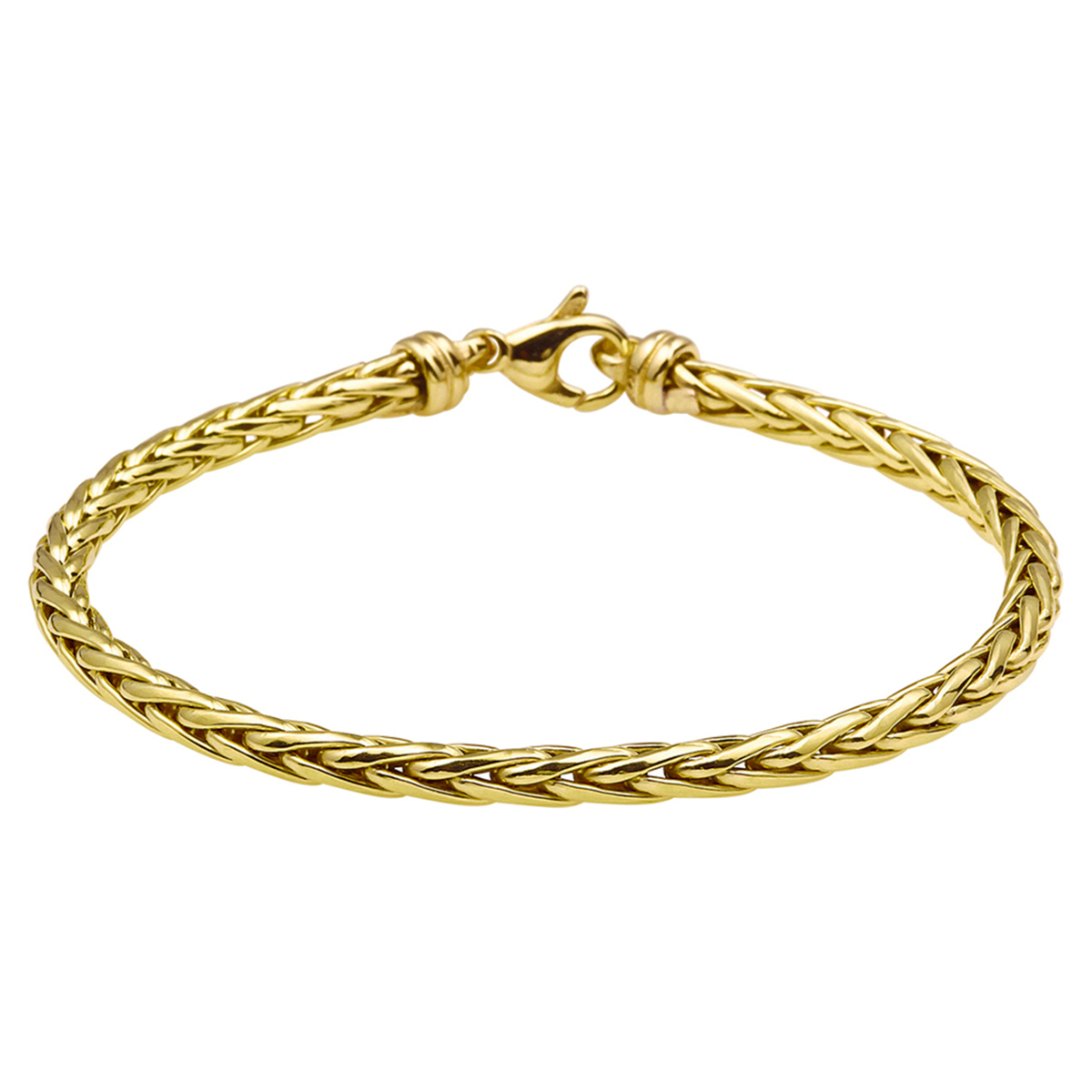 Sieraden van 14 karaat goud met daarin een kern van 925 zilver. Geelgouden armband met vossestaart schakel. 
Doelgroep: dames
Breedte: 4 mm
Langste lengte: 19 cm