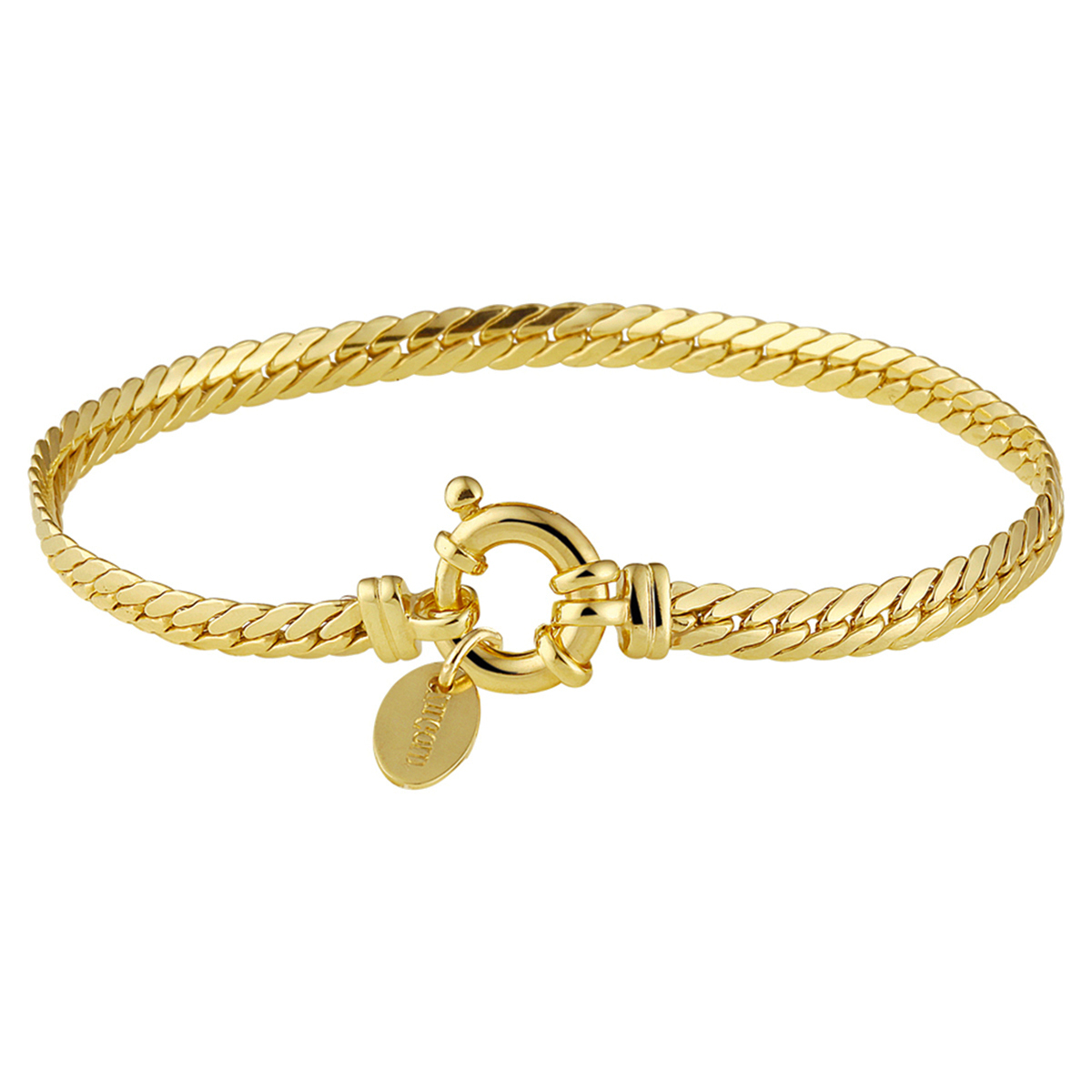 De Armband visgraat 4,4 mm, 19 cm met groot springslot, modelnummer 5000171, is een elegante gouden armband met zilveren kern geschikt voor elke gelegenheid. Met een glanzende afwerking en een visgraatpatroon, is deze armband een perfecte aanvulling op uw sieradencollectie. Draag hem solo voor een verfijnde look of in combinatie met andere sieraden voor een extra statement.