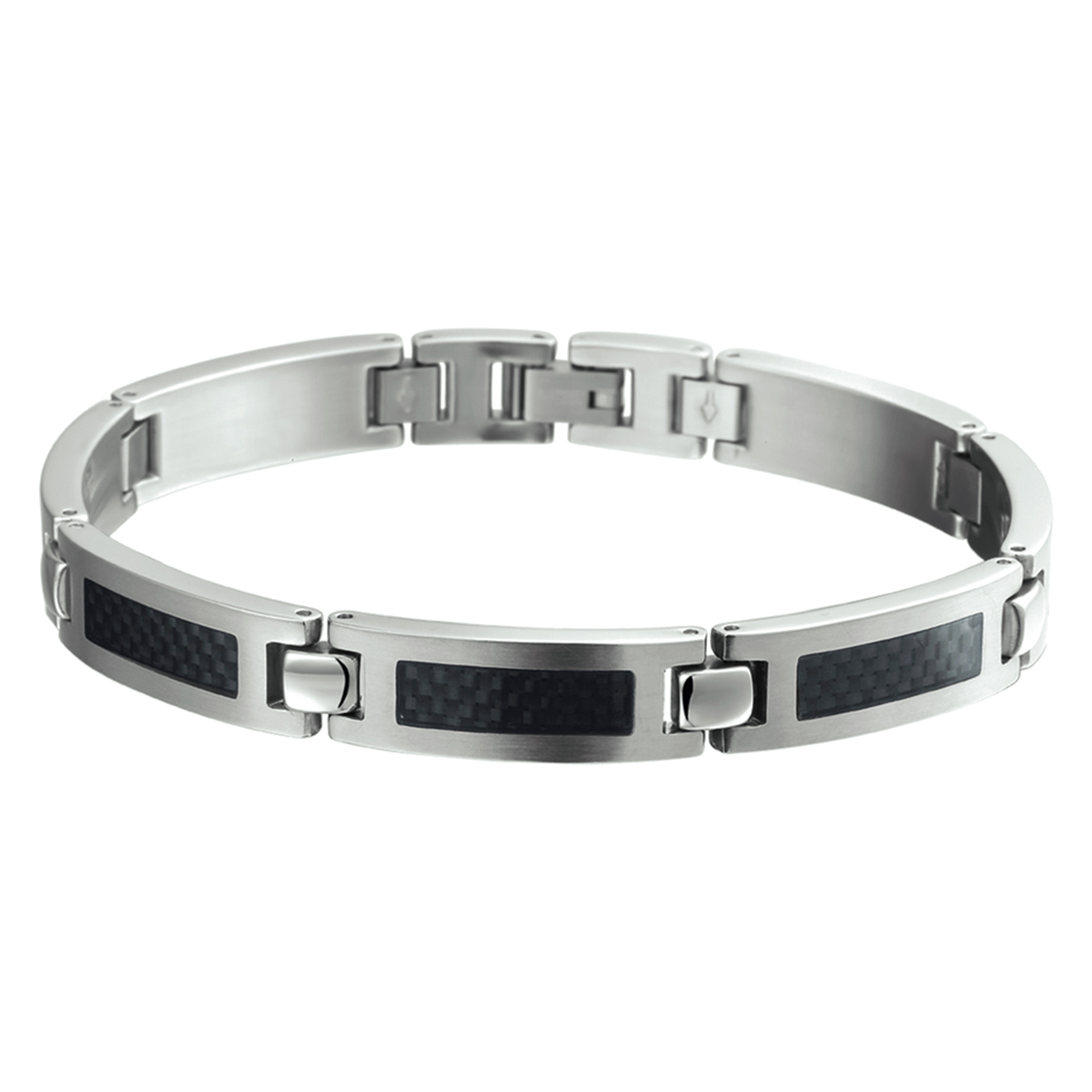 Stalen schakelarmband met carbon voor heren. 

- Breedte: 9 mm
- Langste lengte: 21 mm