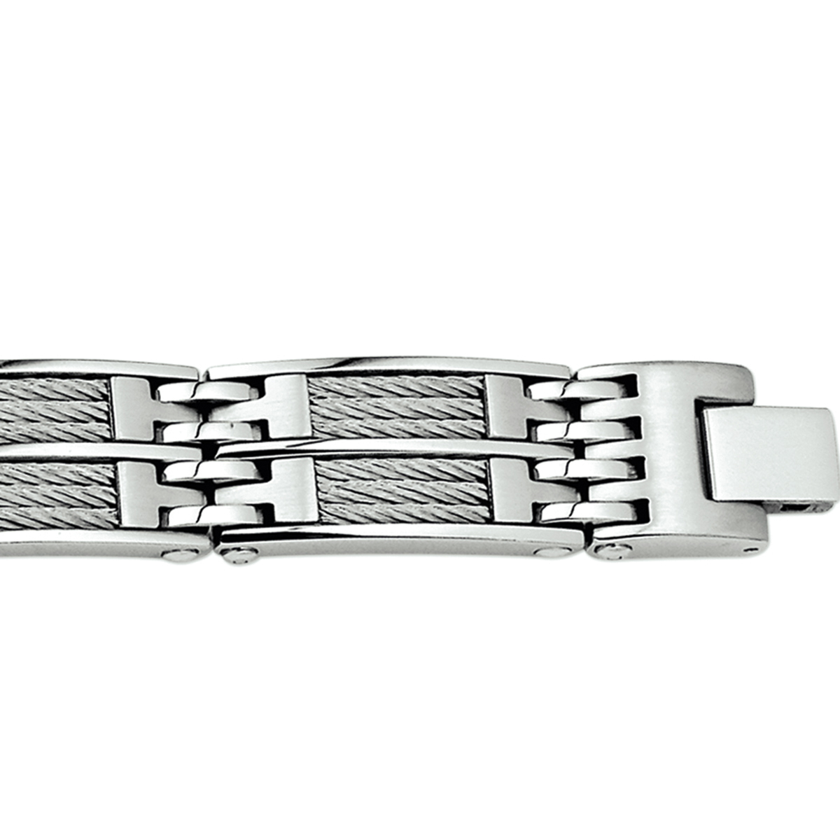 Beschrijving: Stalen armband met een poli/matte afwerking. 
Verpakt per: 1
Doelgroep: heren
Breedte: 13 mm
Langste lengte: 21.5 mm