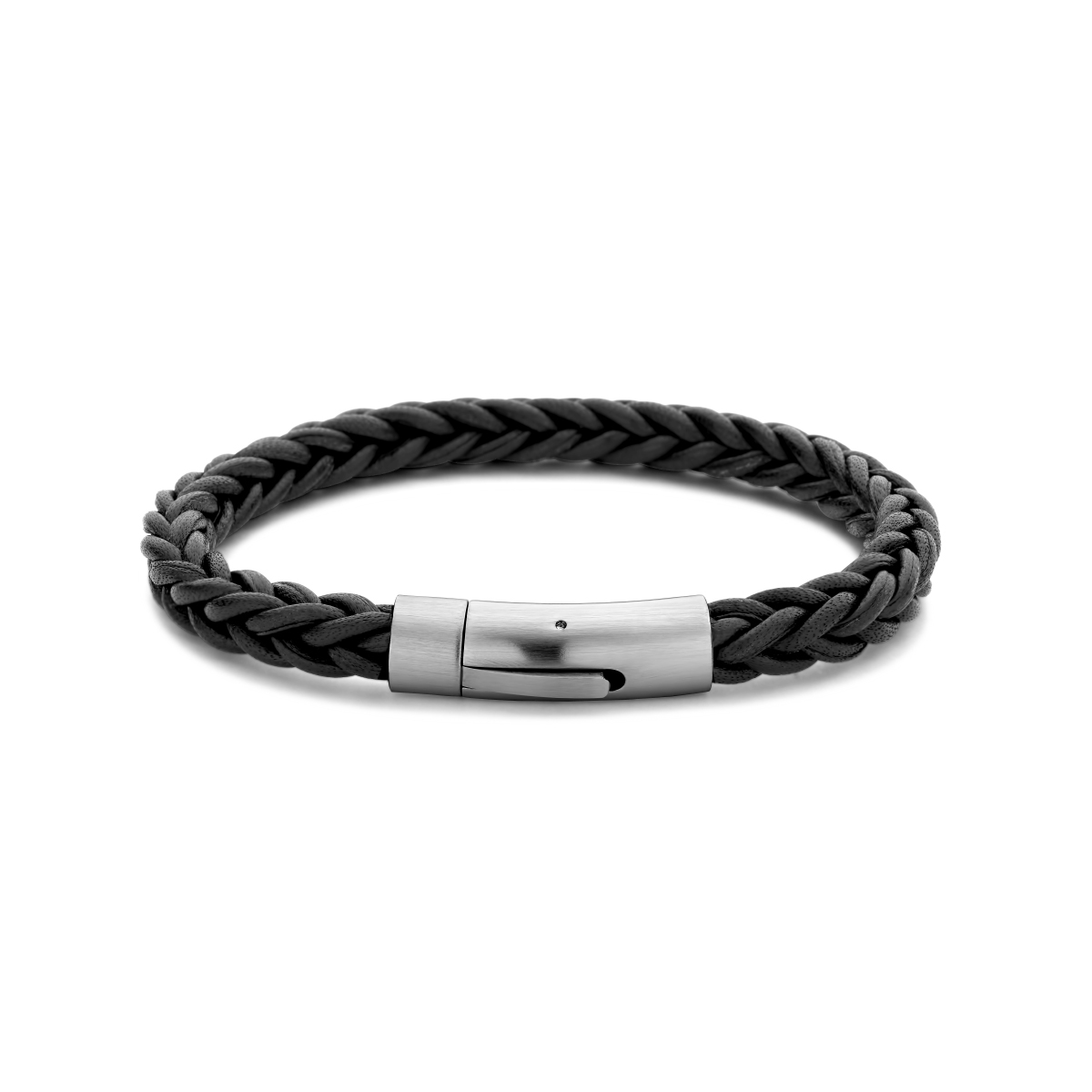 Stalen zwart leren armband. De armband heeft een breedte van 8.6mm.