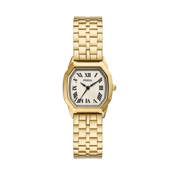 Goudkleurig Fossil horloge. Kastdiameter 27mm. Cremekleurige wijzerplaat met zwarte indexen.