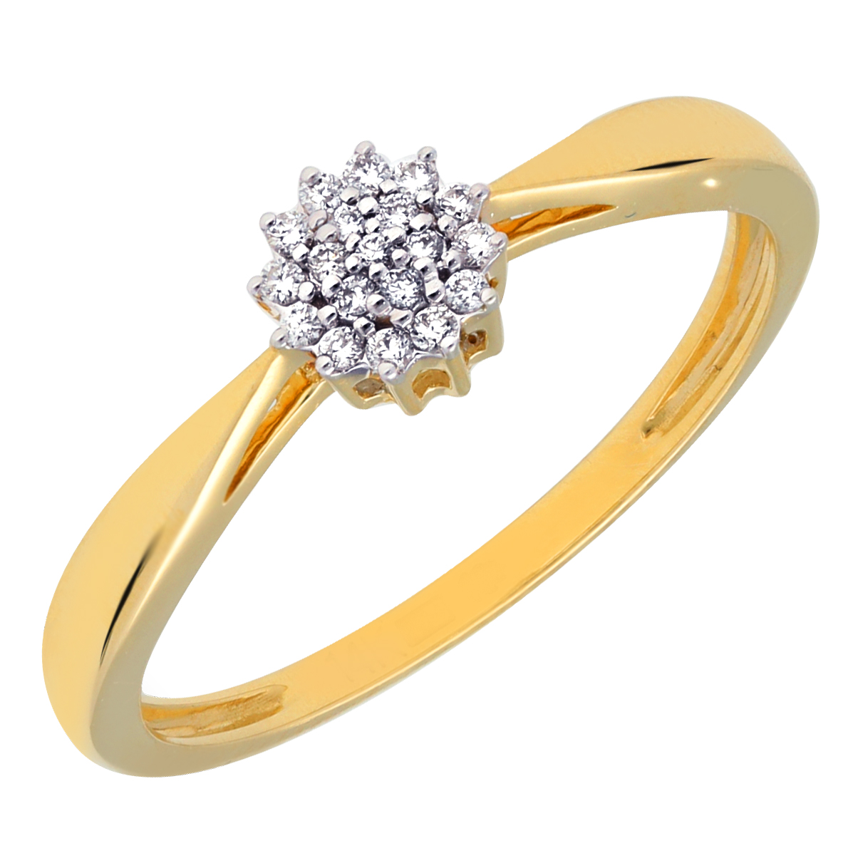 GGA2449. Geelgouden damesring . Rozet model met 19 x briljant. Totaal 0.06crt h si. 