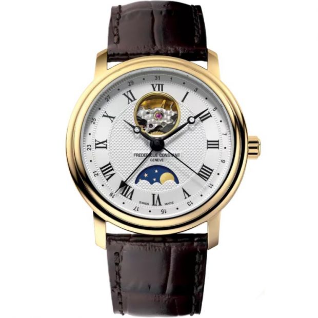 Dit Frederique Constant Classics herenhorloge is bekend onder Frederique Constant-referentienummer FC-335MC4P5. Het horloge heeft een mechanisch uurwerk met automatische opwindfunctie dat geplaatst is in een edelstalen Verguld (15 micron) kast. Op de grijze wijzerplaat is analoge tijdsweergave zichtbaar. Aan de kast zit een bruine lederen horlogeband met een doorn- / gespsluiting.

Het mechanisch uurwerk met automatische opwindfunctie biedt u datum-aanduiding, en weergave van de maanfase als tijdfunctie(s). De ronde horlogekast is 30m waterdicht en voorzien van een saffierglas.

Bijzonderheden

De achterkant van de horlogekast is doorzichtig. Door het glas kunt u uw uurwerk bekijken. Het is fantastisch om te zien hoe dit mechanische uurwerk zich voortbeweegt. Bij dit model kunt u het uurwerk ook zien bewegen als u het draagt. De wijzerplaat is gedeeltelijk opengewerkt om de bewegende delen zichtbaar te maken.

Het Zwitserse Frederique Constant heeft een bijzonder Nederlands tintje. De eigenaren en oprichters van “Frederique” zijn de Nederlanders Peter C. Stas en zijn echtgenote Aletta Bax. Sinds de oprichting van Frederique Constant in 1988 heeft het echtpaar een prachtige prestatie geleverd door hun bedrijf als zeer professionele horlogefabrikant op de kaart te zetten. In hun fabriek in Genève worden hoogwaardige manufactuur-uurwerken gemaakt die garant staan voor exclusiviteit en hoogwaardige kwaliteit. Met bijzondere eigen kalibers komt de Zwitserse traditie goed tot uiting, en de Nederlandse invloeden zien we duidelijk terug in de uitmuntende prijs-kwaliteitverhouding die de collectie biedt. 