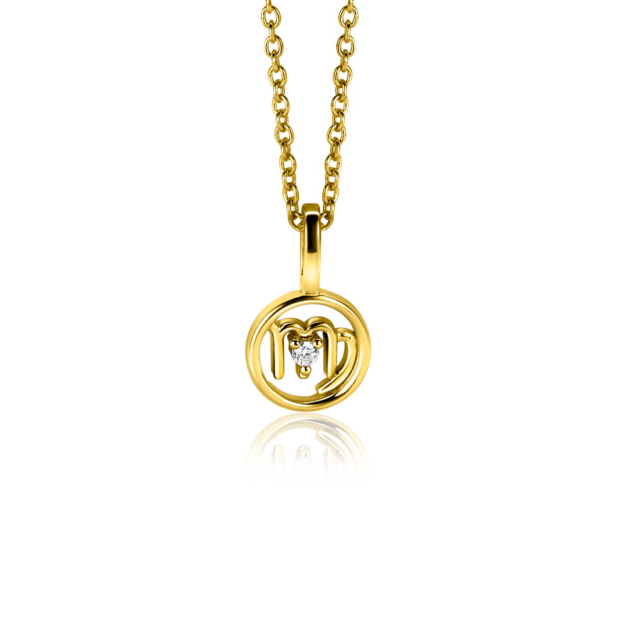 ZINZI gold plated zilveren sterrenbeeldhanger Schorpioen (23/10 - 21/11), in 9mm diameter. De hanger is speels bezet met witte zirconia. Vervaardigd van eerste gehalte zilver (925) en extra geel verguld. De hanger is exclusief ketting geprijsd.r)