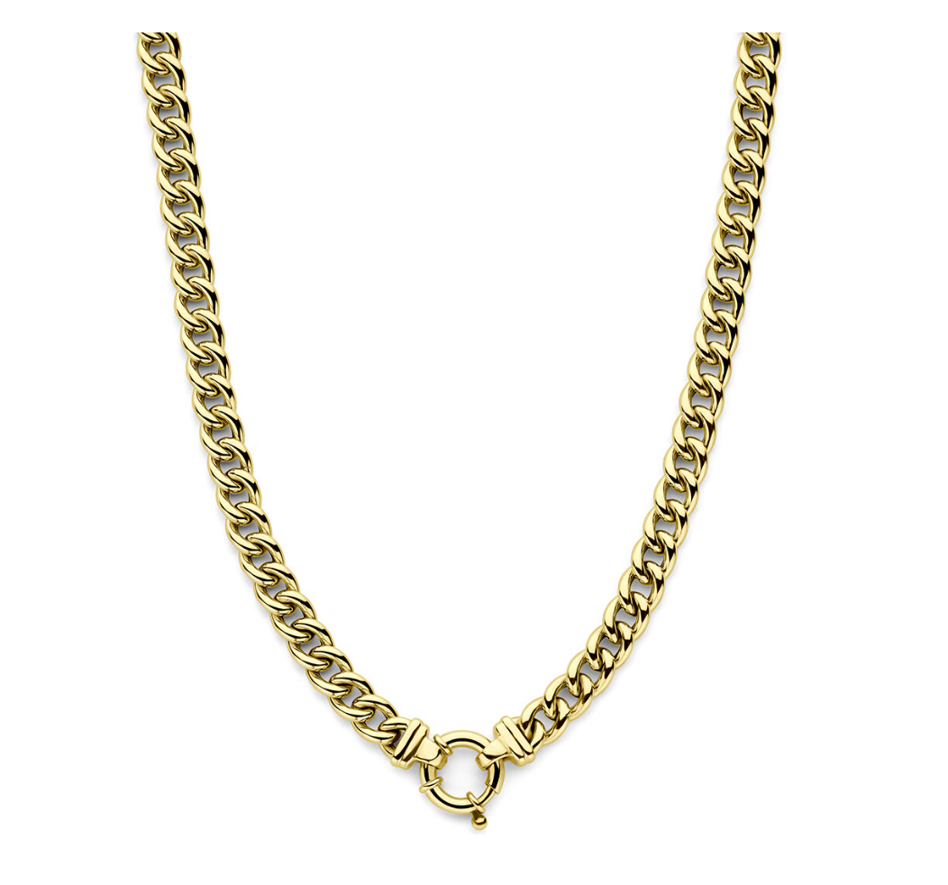 14 karaat Geelgouden collier met een draaglengte van 48cm. De schakelbreedte is 8.0 mm. Uitgevoerd met een groot veerslot.