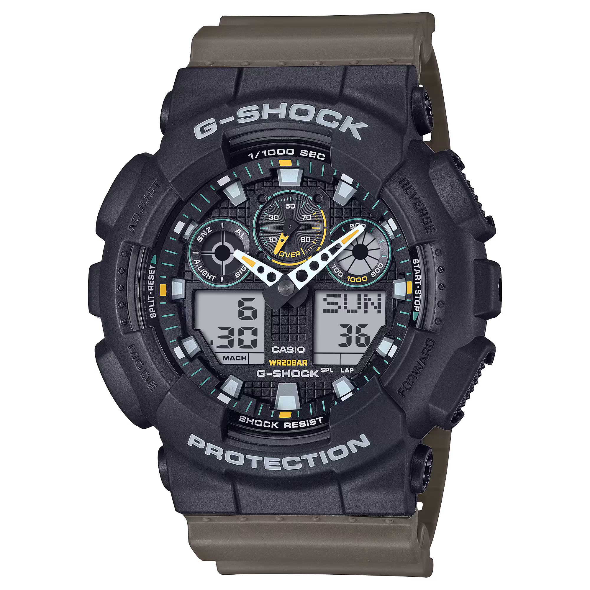 Casio G-Shock horloge. Zwarte kast met een groene band. Stopwatch, wereldtijden en alarm. 