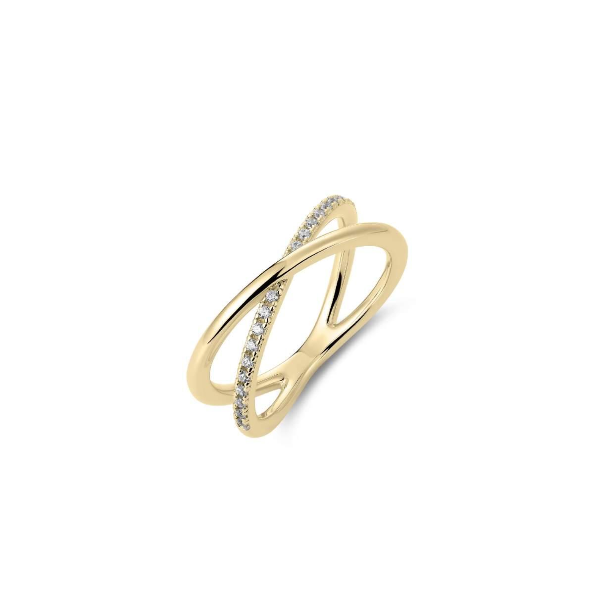 Geelgouden crossover ring met zirkonia. 