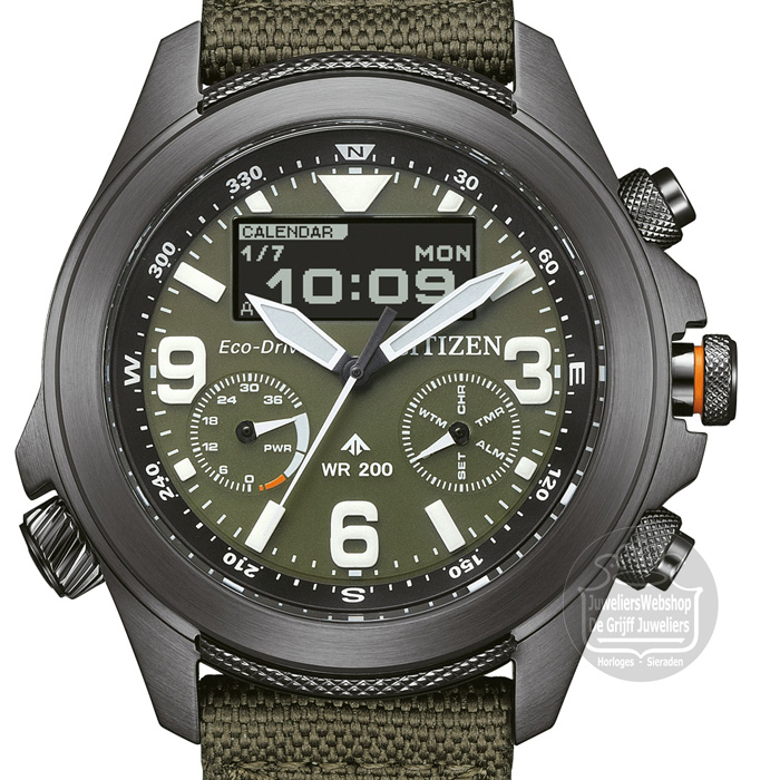 Citizen JV1005-02W promaster horloge groen. Herenhorloge promaster land analoog/digitaal.