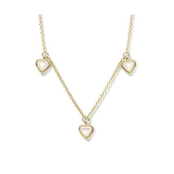 Modern design en tijdloze elegantie vloeien moeiteloos samen in deze collier N3N57 van Belgische zilvermerk Naiomy. Het juweel is gemaakt uit 18 karaat geelgoud verguld Sterling zilver. De hartjes zijn gevuld met glanzende parelmoer. Het sieraad springt eruit dankzij de subtiele schittering en verfijnde esthetiek, maar ook op gebied van kwaliteit. Koop 100% Belgisch en bestel de betaalbare kwaliteitsjuwelen van Naiomy eenvoudig online bij Jan Maes en krijg ze met zorg bij je thuis geleverd in de bijhorende juwelendoos van het merk. Wedden dat je met je nieuwste aanwinst nog jarenlang veel complimenten zal krijgen?