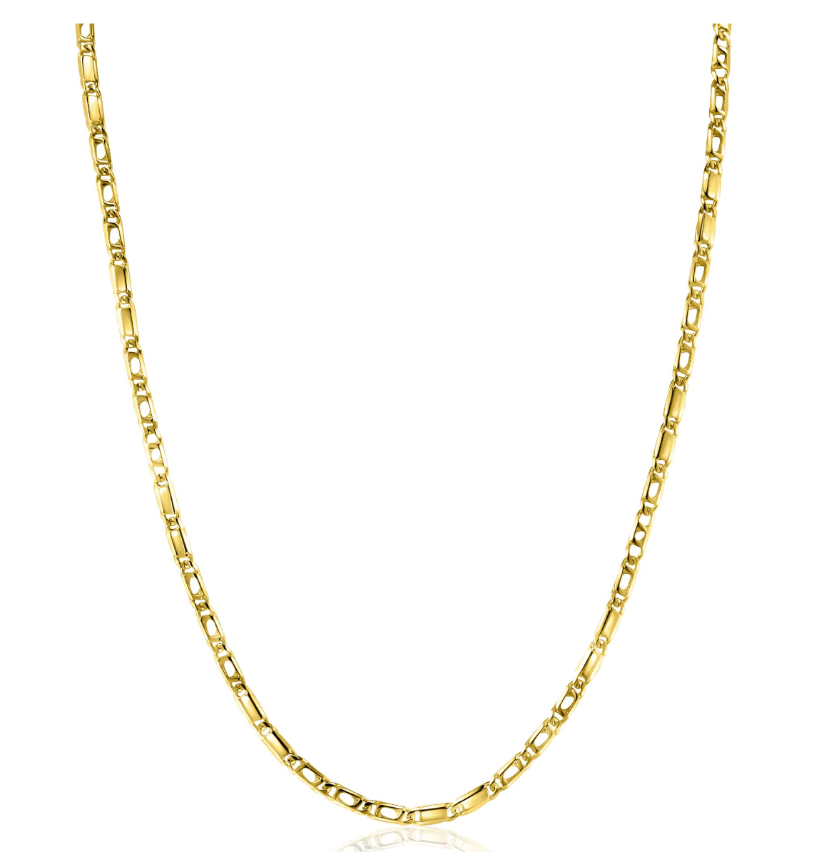 ZINZI Gold 14 karaat gouden massieve ketting met valkenoog schakels gecombineerd met glimmende plaatjes van 2,6mm breed. De lengte van de ketting is te variëren tussen 41 en 43cm. Vervaardigd van geheel 14 karaat goud (585). En herkenbaar 'Zinzi' door het kleine gouden Zinzi hartje bij de sluiting.