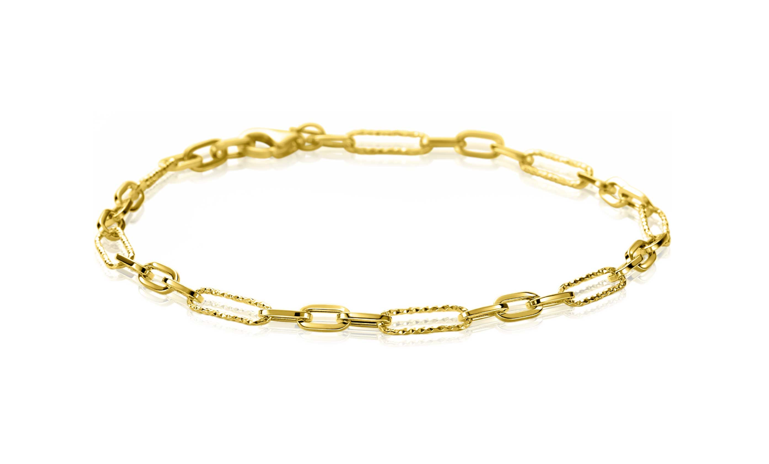ZINZI Gold 14 karaat gouden armband met trendy bewerkte paperclip-schakels en ovale schakels van 3,5 mm breed. De lengte van de armband is 19cm. Vervaardigd van geheel 14 karaat goud (585). En herkenbaar 'Zinzi' door het kleine gouden Zinzi hartje bij de sluiting.