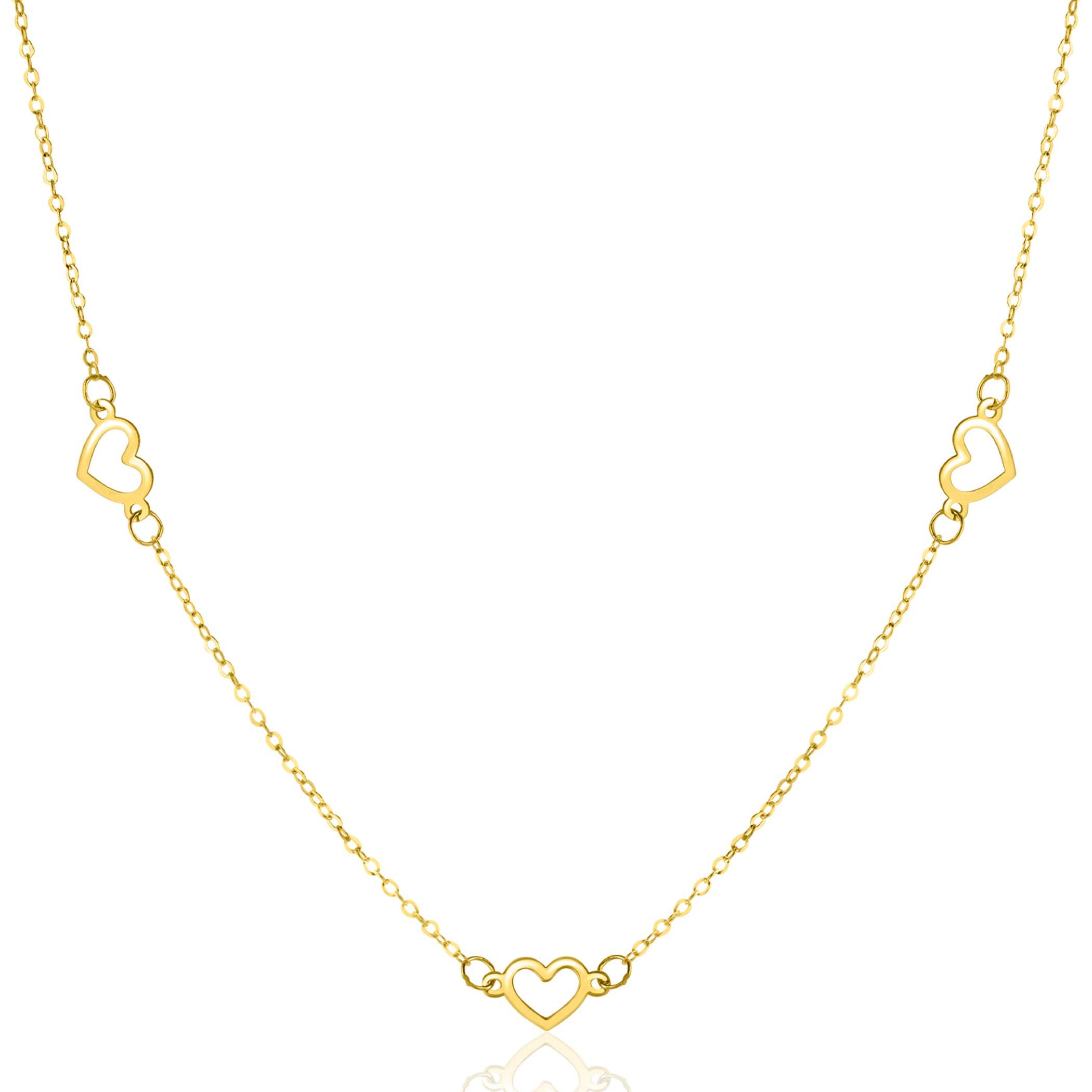 ZINZI Gold 14 krt gouden ketting met subtiele jasseron schakels en vijf open hartjes (5mm). De lengte van de ketting is te variëren tussen 42-45cm. Deze ketting valt sierlijk op je hals en is mooi te combineren met andere gouden sieraden! Met herkenbaar 'Zinzi' door het kleine gouden Zinzi hartje bij de sluiting. Vervaardigd van geheel 14 karaat goud (585).