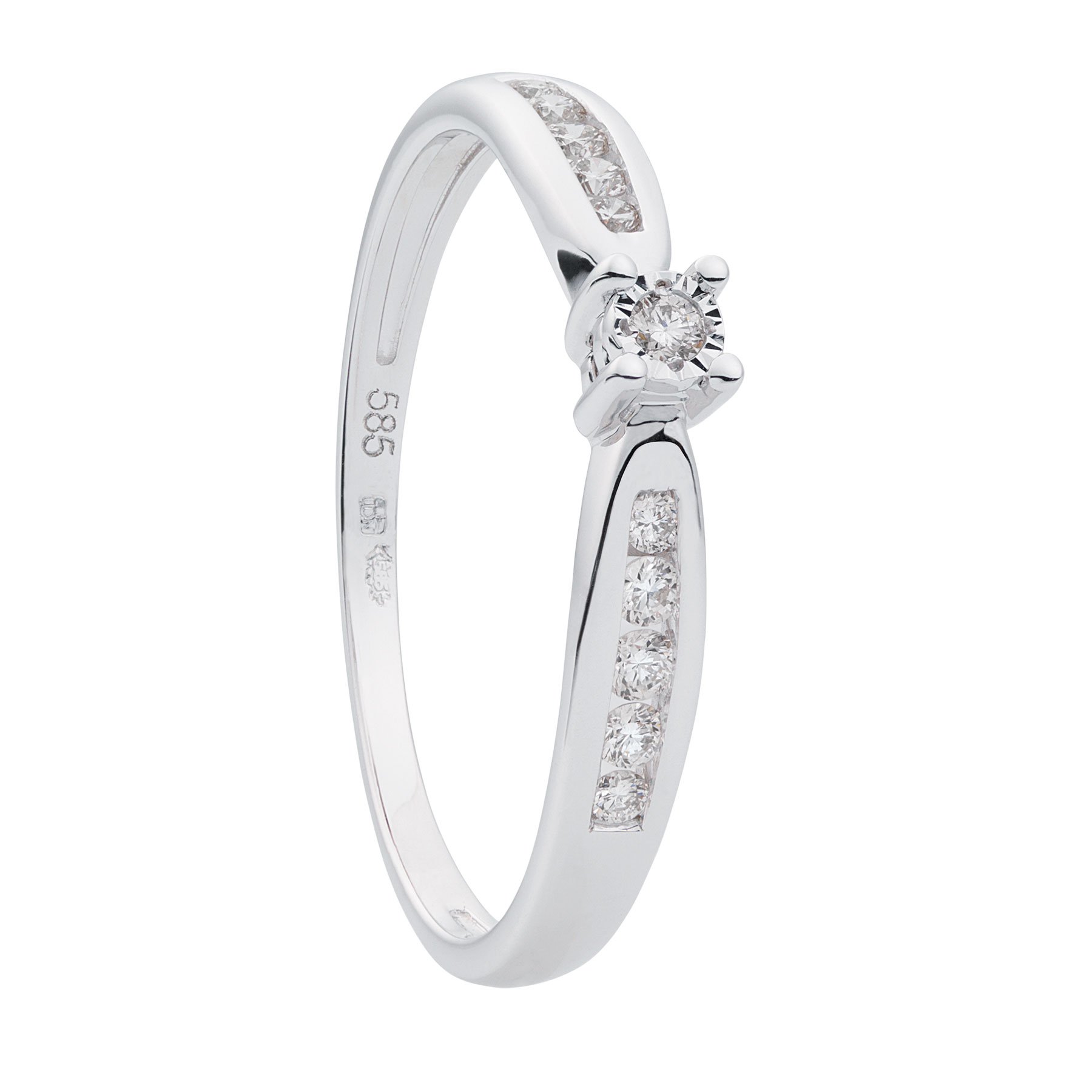 ID-105R-15 geelgouden ring, 4poots chaton met diamant en zijstenen diamant. 0.15crt TW-SI