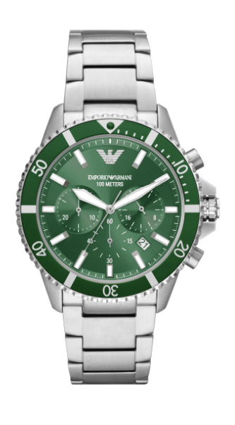 Emporio Armanie heren pols horloge uit de collectie World Explorer. Quartz/Chrono. Stalen kast 43 mm groene wijzerplaat.10 ATM waterdicht.