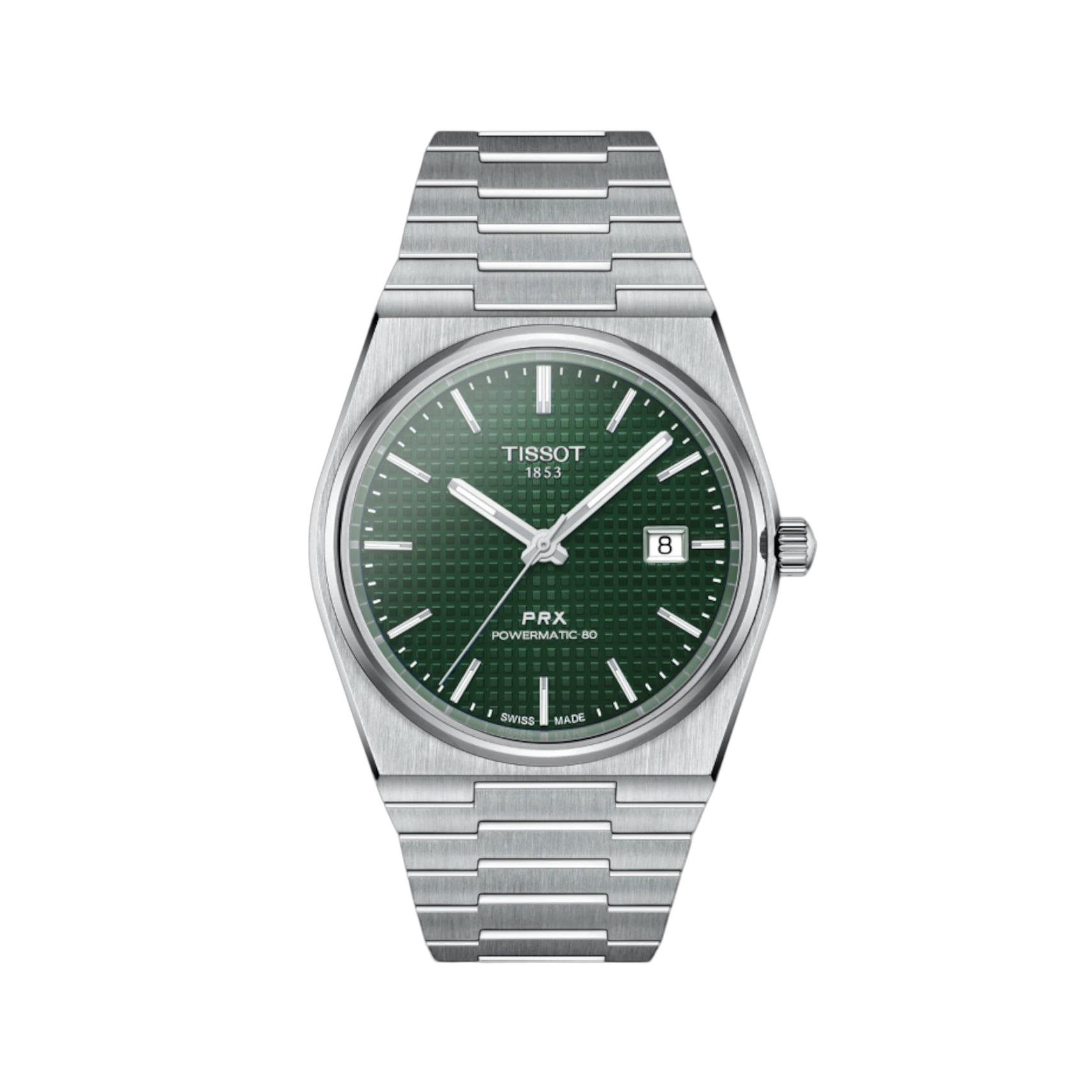 In 1978 creëerde Tissot een quartz-model, dat werd gekenmerkt door een platte, tonneau-vormige kast, smalle indexen en een stalen armband. Een paar jaar later registreerde Tissot de naam PRX. "PR" staat voor "precies" en "robuust". De "X" staat voor het Romeinse cijfer tien en voor de druk van 10 bar, wat overeenkomt met een diepte van 100 meter, tot waar het horloge waterdicht bleef. In 2021 presenteerde Tissot de PRX 40 205, met de nummers onder vermelding van het productnummer dat het horloge destijds droeg. Het is een moderne versie van het vorige model. De 316L roestvrijstalen kast van de Tissot PRX 40 205 heeft een diameter van 40 mm. Het heeft een lichte tonneau-vorm en is versierd met een smalle, ronde ring. Aan de zijkanten wisselen verticaal geborstelde, afgeronde afwerkingen af met gepolijste facetten. De Tissot PRX 40 205 Powermatic 80 is uitgerust met een wijzerplaat met een honingraatmotief in combinatie met vernikkelde indexen en wijzers. Er is ook een variant met roségoudkleurige indexen en wijzers - een kleurencombinatie die ook doet denken aan eind jaren 70. Het meest opvallende kenmerk is de rij grote schakels die de hele breedte in beslag nemen. De flexibiliteit en soepelheid maken het tot een echt succes van ergonomisch ontwerp en zorgen voor een buitengewoon draagcomfort. De gesatineerde afwerking aan de buitenkant is net zo zorgvuldig uitgevoerd als het polijsten van de binnenkant. De wijzers van de PRX 40 205 zijn voorzien van een SuperLumiNova® coating en worden met een zeer kleine tussenruimte op elkaar geplaatst. Hierdoor kan de wijzerplaat dichter bij het horlogeglas worden gebracht. Het optische effect dat door de ontwerpers van Tissot is bereikt, zorgt ervoor dat de kast van het horloge nog platter en slanker lijkt dan het in werkelijkheid is. De Tissot PRX Powermatic 80 heeft een krasbestendig, antireflecterend saffierglas en een achterkant van mineraalglas. Deze versie heeft een groene wijzerplaat met indexen en een 316L roestvrijstalen armband met een vlindervouwsluiting met pushers.
