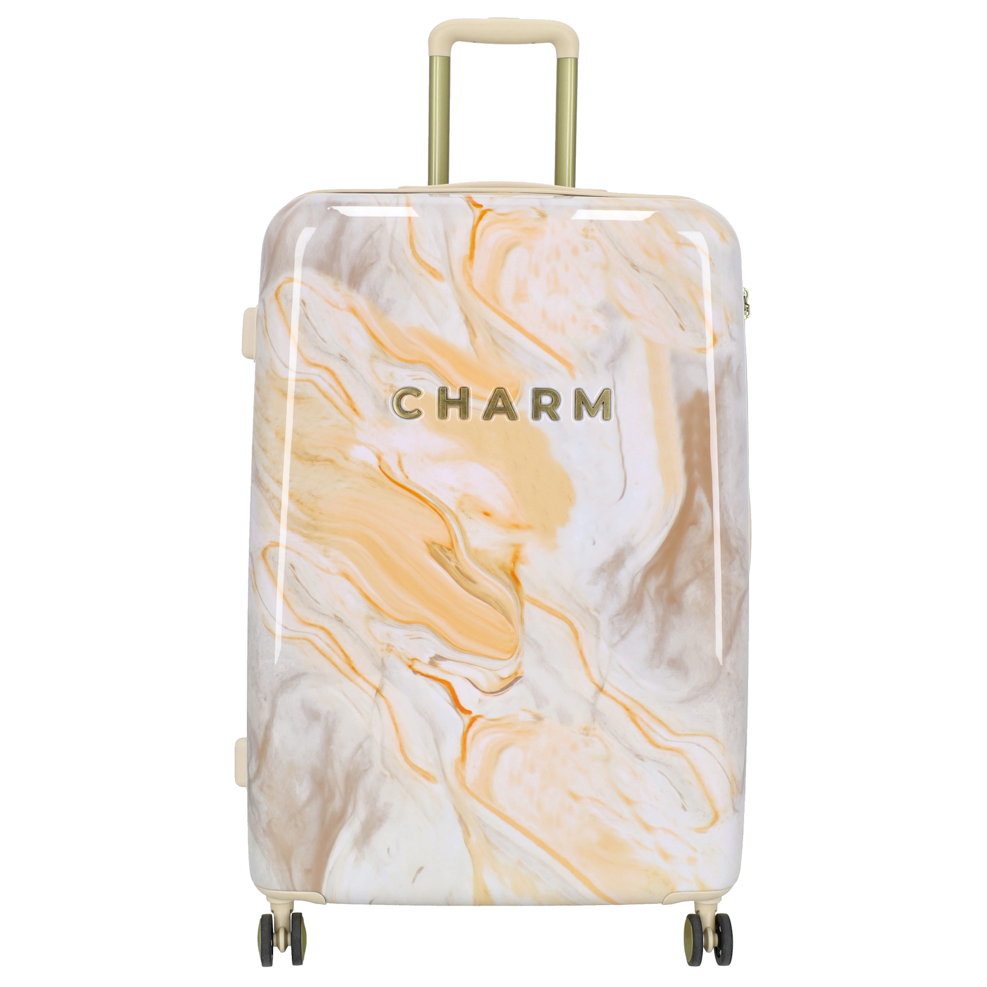 De Charm London Travel Koffer - 138 Marble Crème is voorzien van luxueuze marmeren details en is perfect voor elke reis. Met handige accessoires zoals een TSA-slot, dubbele wielen en een uitschuifbare handgreep is dit de ideale reispartner. Draag de koffer comfortabel over je schouder met de verstelbare riem of rol hem moeiteloos achter je aan. Een stijlvolle en praktische keuze voor elke reiziger.