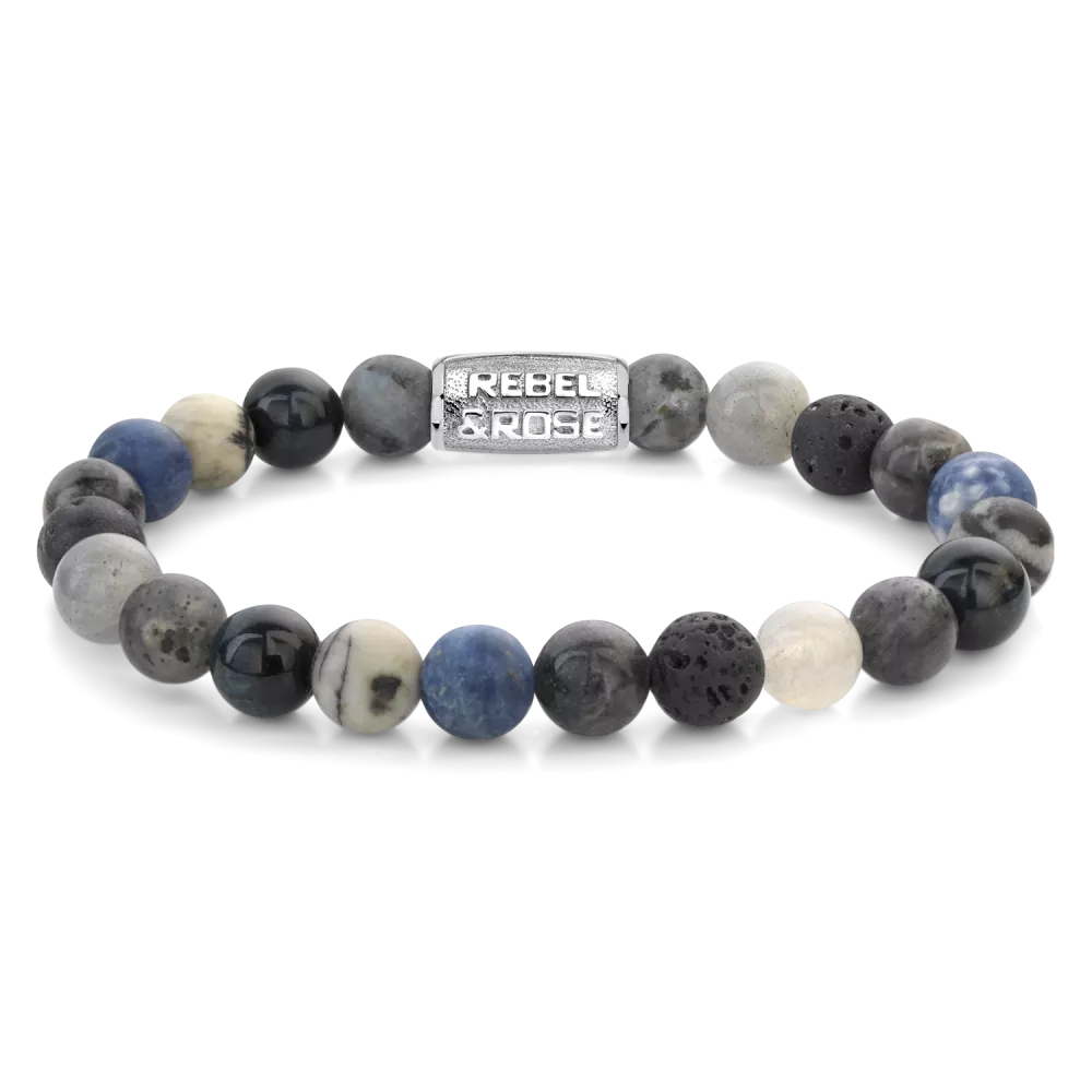 Armband van het merk Rebel & Rose. De armband heeft een hoogwaardige elastische stretch koord, met 8mm van Sodalite Blue, Black Network, Tiger Eye Blue, Larvakite Grey, Labradorite, Lava .