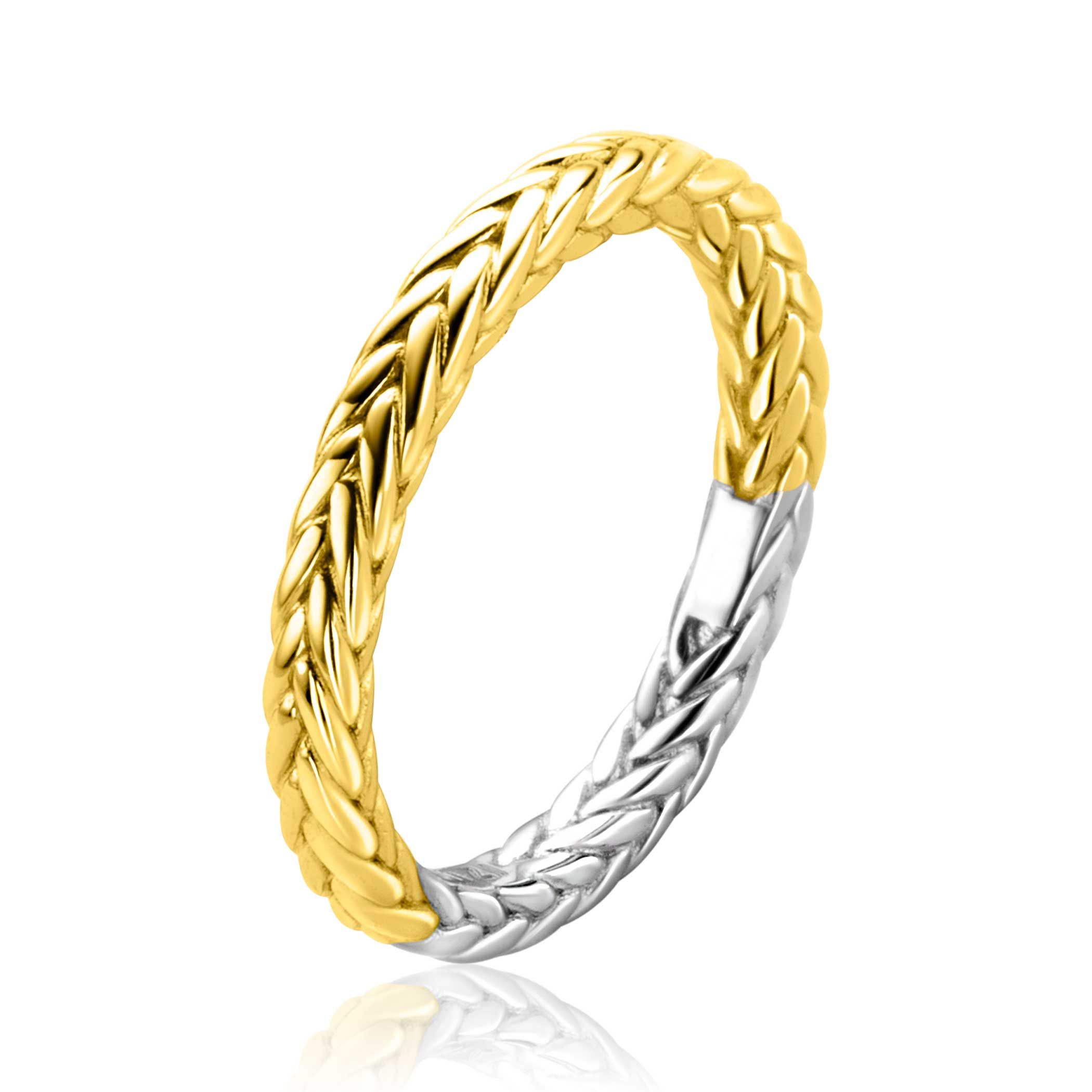 ZINZI gold plated zilveren ring met sierlijk gevlochten touweffect. De ring is 2,6mm breed. Ideaal te combineren met andere Zinzi ringen. Vervaardigd van eerste gehalte zilver (925) en extra geel verguld.