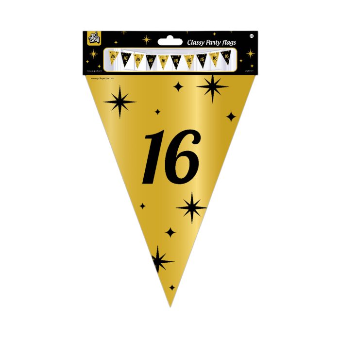 Deze luxueuze Feest : Classy Party vlaggenfolie - 16 jaar, 10 meter lang, zorgen voor een elegante touch aan elk feestje. Het is perfect voor een verjaardag of jubileumviering. Draag de vlaggenfolie rond de feestlocatie of hang hem op als achtergrond voor prachtige foto's. Laat de ruimte stralen met deze feestelijke decoratie! Bestel nu en maak jouw feest compleet.