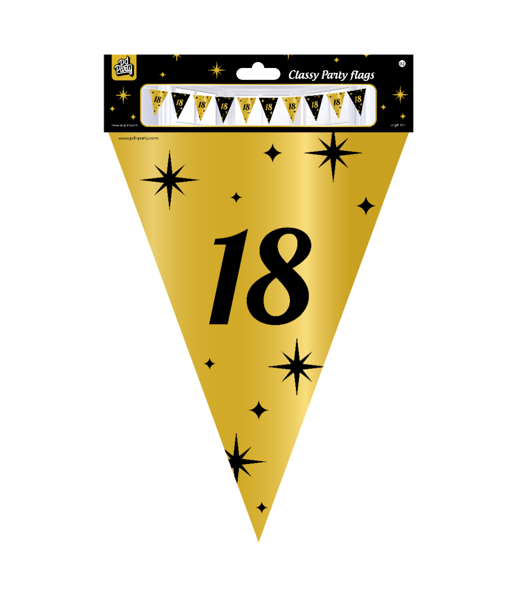 Deze Feest: Classy Party vlaggen folie met het cijfer 18 heeft een lengte van 10 meter. Het is perfect voor het vieren van een 18e verjaardag in stijl. De vlaggen zijn gemaakt van hoogwaardig materiaal en hebben een luxe uitstraling. Je kunt ze ophangen aan de muur, het plafond of langs de tafel voor een feestelijke sfeer. Maak van jouw feest een onvergetelijke gebeurtenis met deze prachtige vlaggen!
