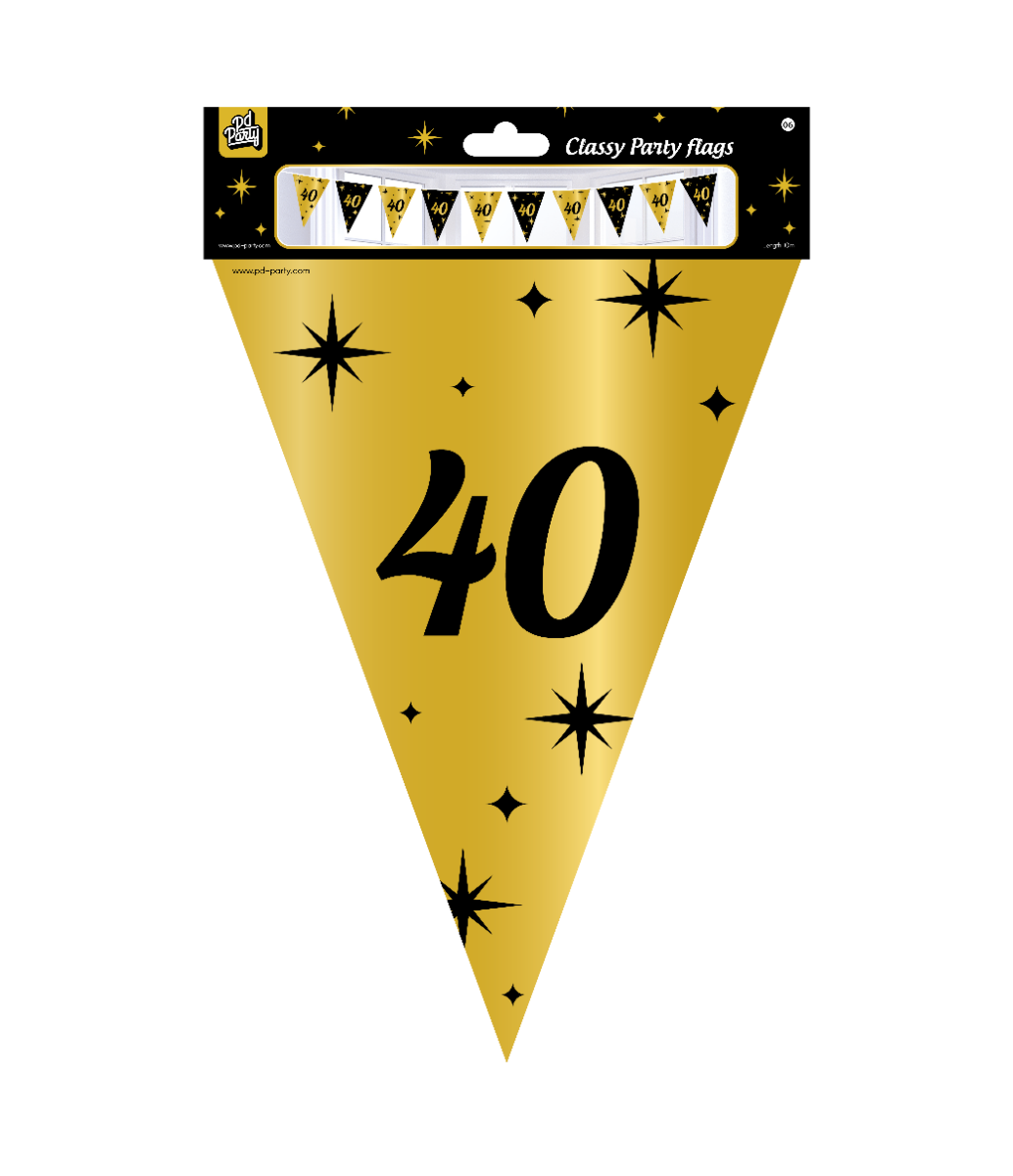 Deze Feest: Chique Feestvlaggen folie - 40 jaar 10 meter is perfect voor het vieren van een speciale 40e verjaardag! De vlaggen zijn glanzend en stijlvol en zorgen voor een luxe sfeer op elk feest. De beste manier om ze op te hangen is langs de muur of boven de feesttafel. Voeg een elegante touch toe aan je feestdecor met deze prachtige vlaggen!
