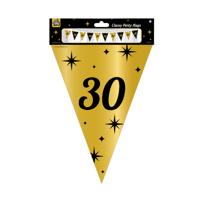 Deze Feest: Chique Feestvlaggen folie - 30 jaar 10 meter is perfect voor het vieren van een speciale gelegenheid. De vlaggen zijn gemaakt van glanzend foliemateriaal en hebben een elegante uitstraling. De beste manier om ze te dragen is door ze op te hangen langs een muur of plafond voor een feestelijke sfeer. Voeg wat glitter en glamour toe aan je feest met deze prachtige feestvlaggen!