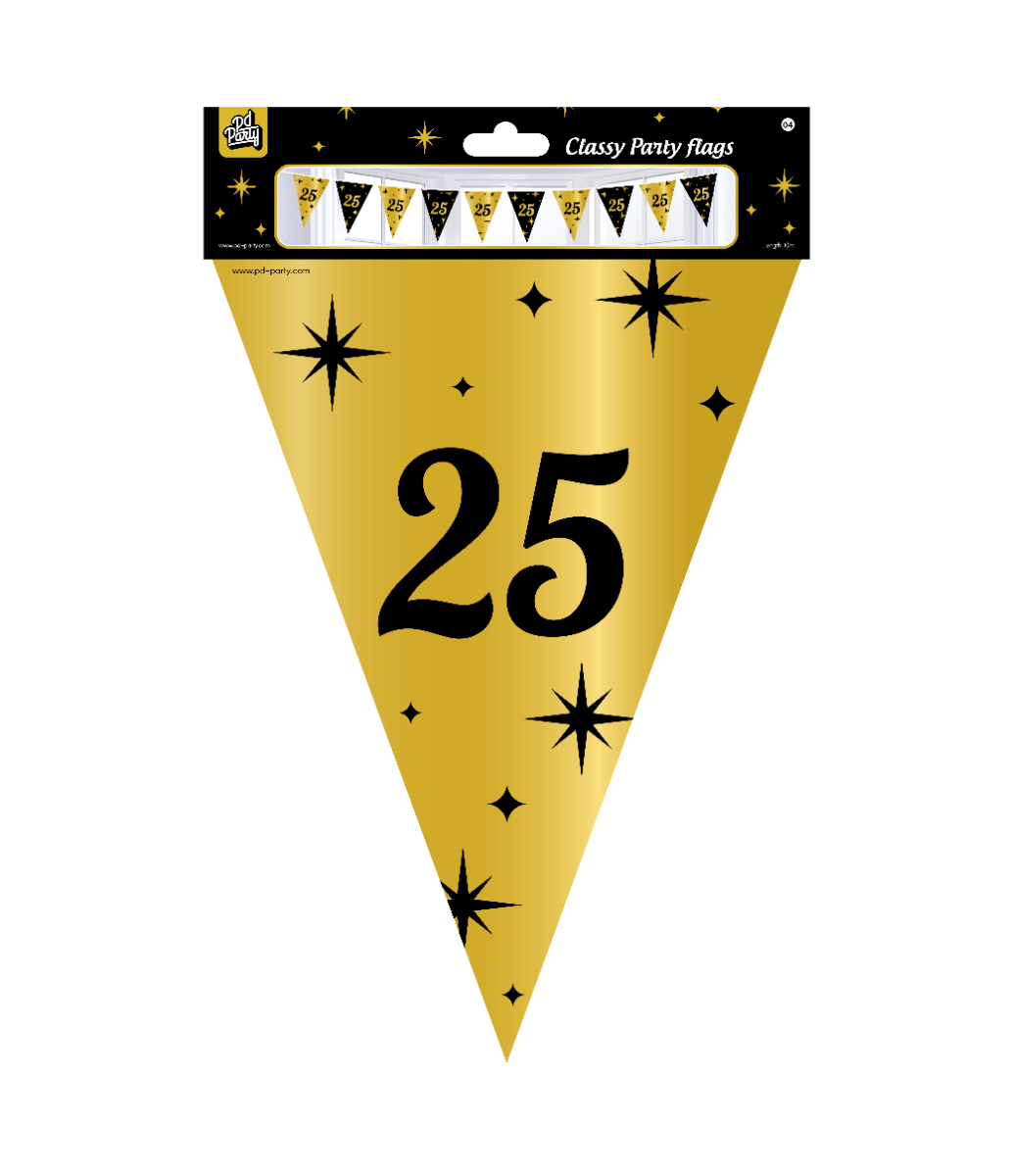Deze Feest : Classy Party vlaggetjes met folie zijn perfect voor een chique en feestelijke gelegenheid. De vlaggenlijn is 10 meter lang en heeft een jubileumprint van '25 jaar'. De beste manier om ze te dragen is door ze op te hangen langs de muur of als decoratie voor een tafel. De glinsterende folie voegt een vleugje glamour toe aan elk feest! Maak van elk jubileum een onvergetelijke viering met deze prachtige vlaggetjes.