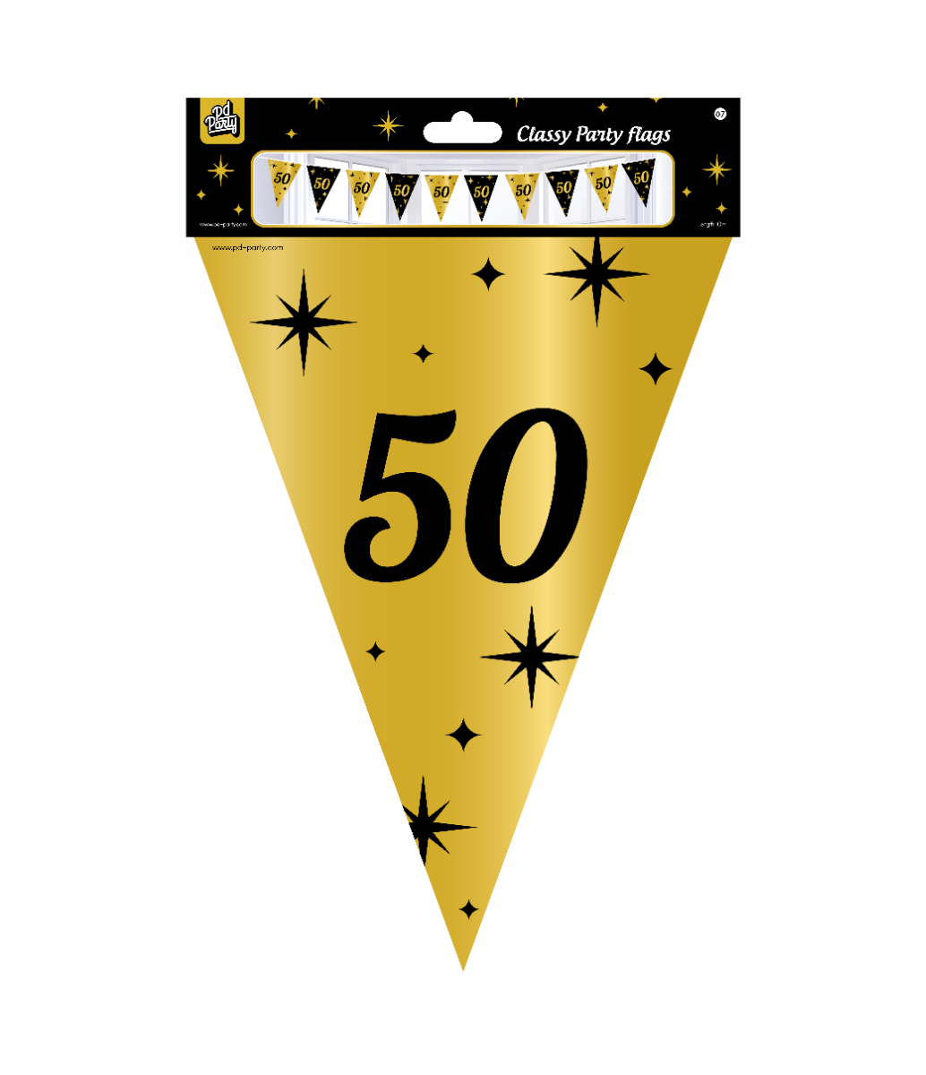 Deze feestvlaggen zijn perfect voor een chique feestje ter ere van het 50-jarig jubileum. Ze zijn gemaakt van hoogwaardig folie en hebben een lengte van 10 meter. De vlaggen zijn eenvoudig op te hangen en zorgen meteen voor een feestelijke sfeer. Draag ze langs de muur of boven de tafel voor een extra feestelijk effect. Bestel ze vandaag nog voor jouw speciale gelegenheid!
