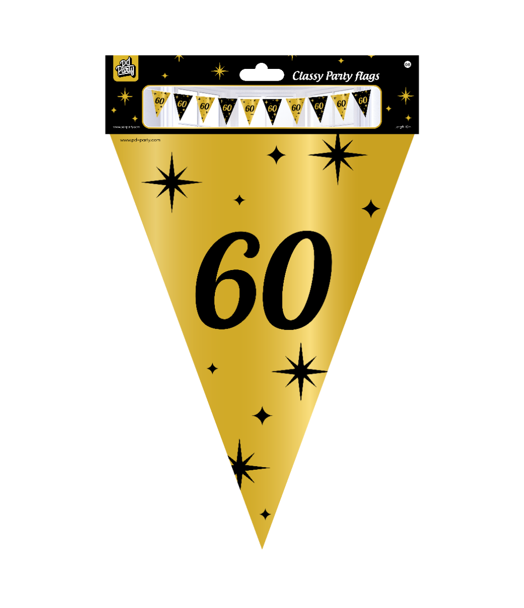 Deze Classy Party-vlaggen van folie zijn perfect voor een stijlvol feest ter ere van 60 jaar! De vlaggen zijn 10 meter lang en zorgen voor een feestelijke sfeer. Hang ze op langs de muur of boven de feesttafel voor een extra touch. De vlaggen zijn eenvoudig op te hangen met behulp van bijvoorbeeld plakband of decoratieve haken. Maak van jouw feest een onvergetelijke gebeurtenis met deze prachtige vlaggen!