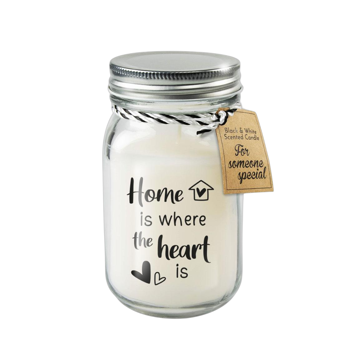 Deze black and white scented candle met tekst Home is where the heart is is verkrijgbaar in een mooie glazen pot, bevat 340 gram kaarsvet en heeft hierdoor ongeveer 80 branduren.